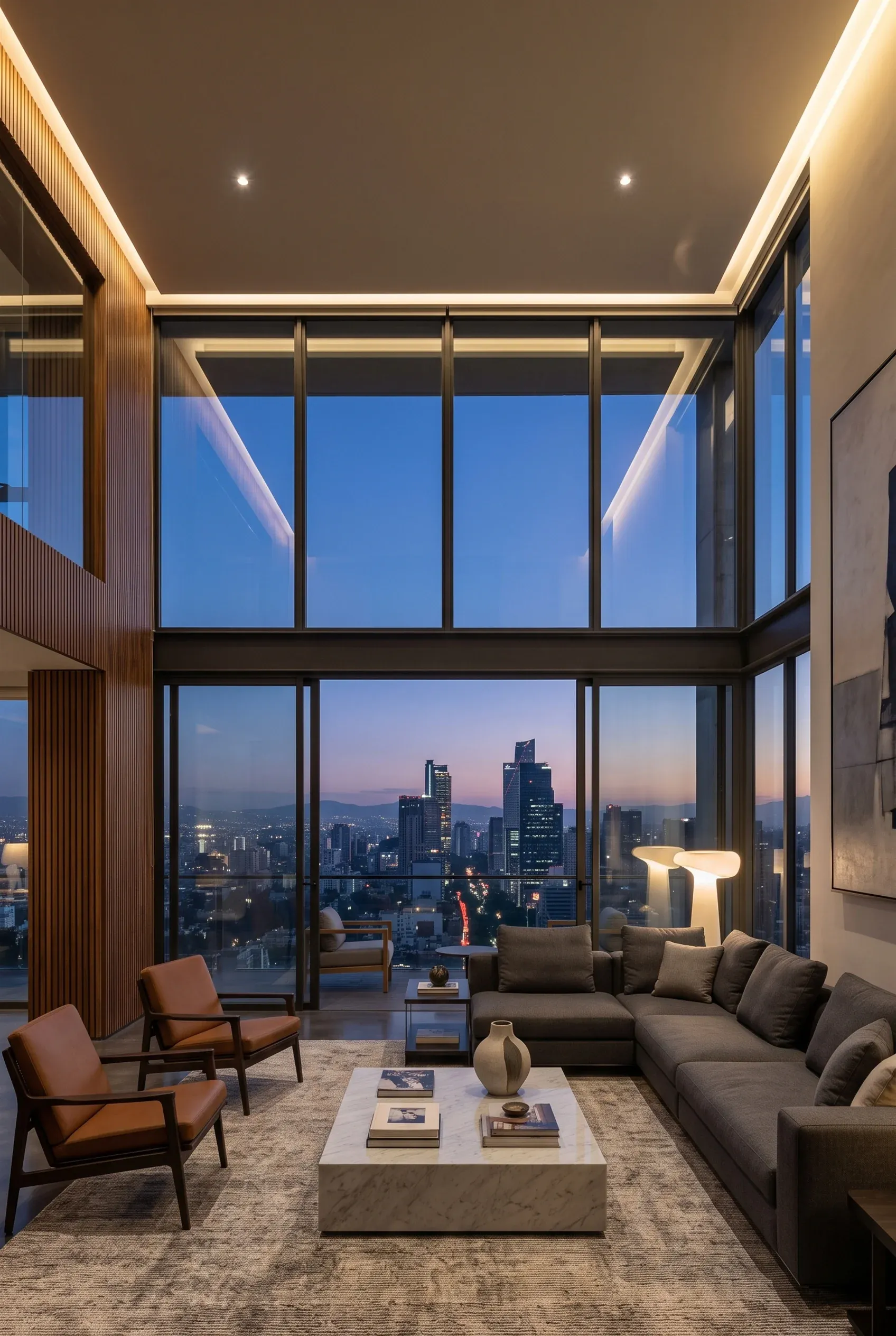 Interior de penthouse de lujo moderno con ventanales de doble altura de piso a techo y vistas panorámicas de la ciudad al atardecer, diseño arquitectónico de RBA Residences en Zapopan.