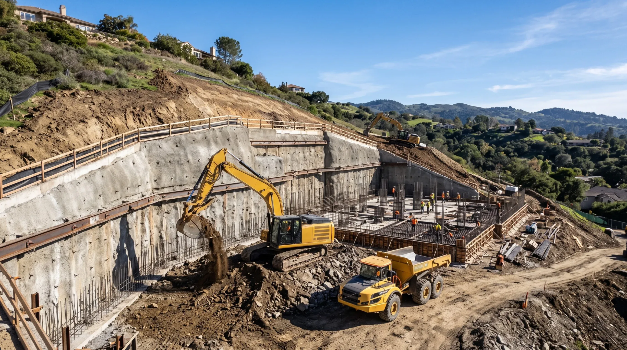 Sitio de construcción en ladera con excavadoras, camión de volteo, muros de contención de concreto y trabajos de cimentación, preparación de terreno de RBA Residences en Zapopan.