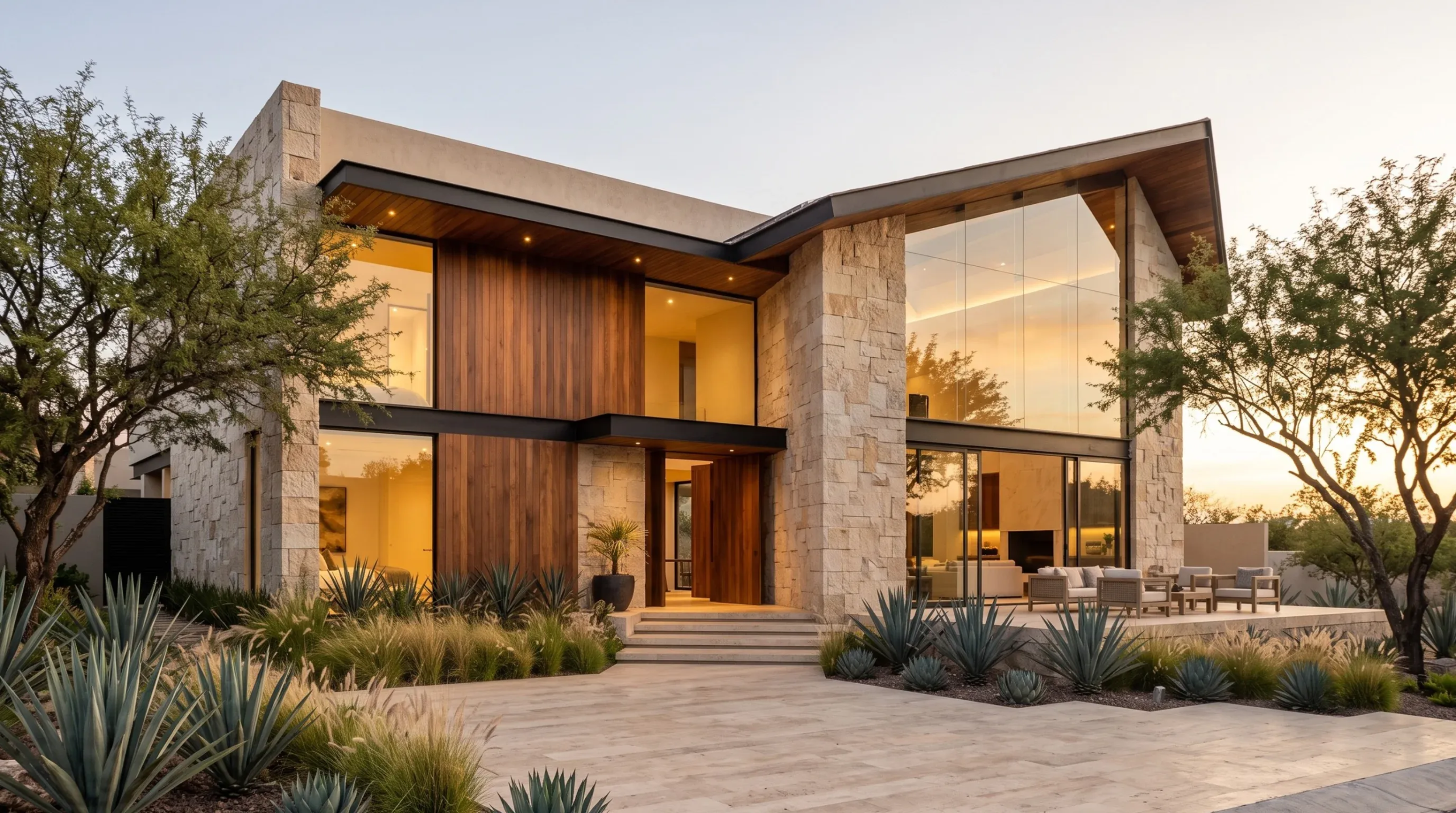 Fachada moderna de casa de lujo con iluminación cálida, ventanales de piso a techo, acentos de piedra, revestimiento de madera y paisajismo desértico, diseño de RBA Residences en Zapopan.