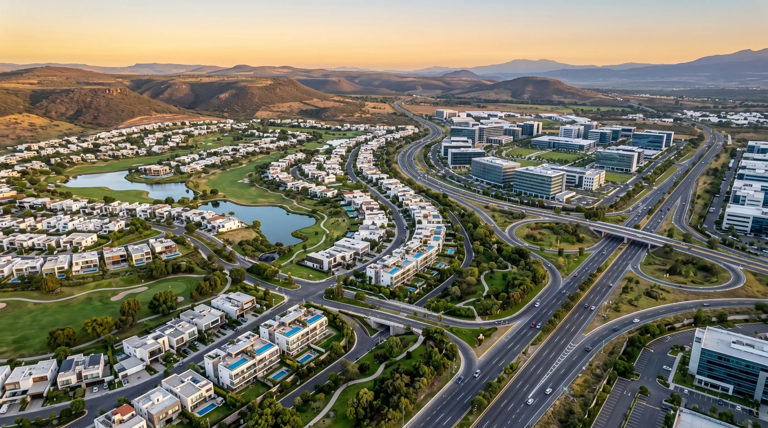 Vista aérea de desarrollo planificado integrado en colinas, con comunidad residencial de casas blancas modernas y espejos de agua a la izquierda, junto a parque empresarial con oficinas y autopista de múltiples carriles a la derecha, planificación mixta de RBA Residences en Zapopan.