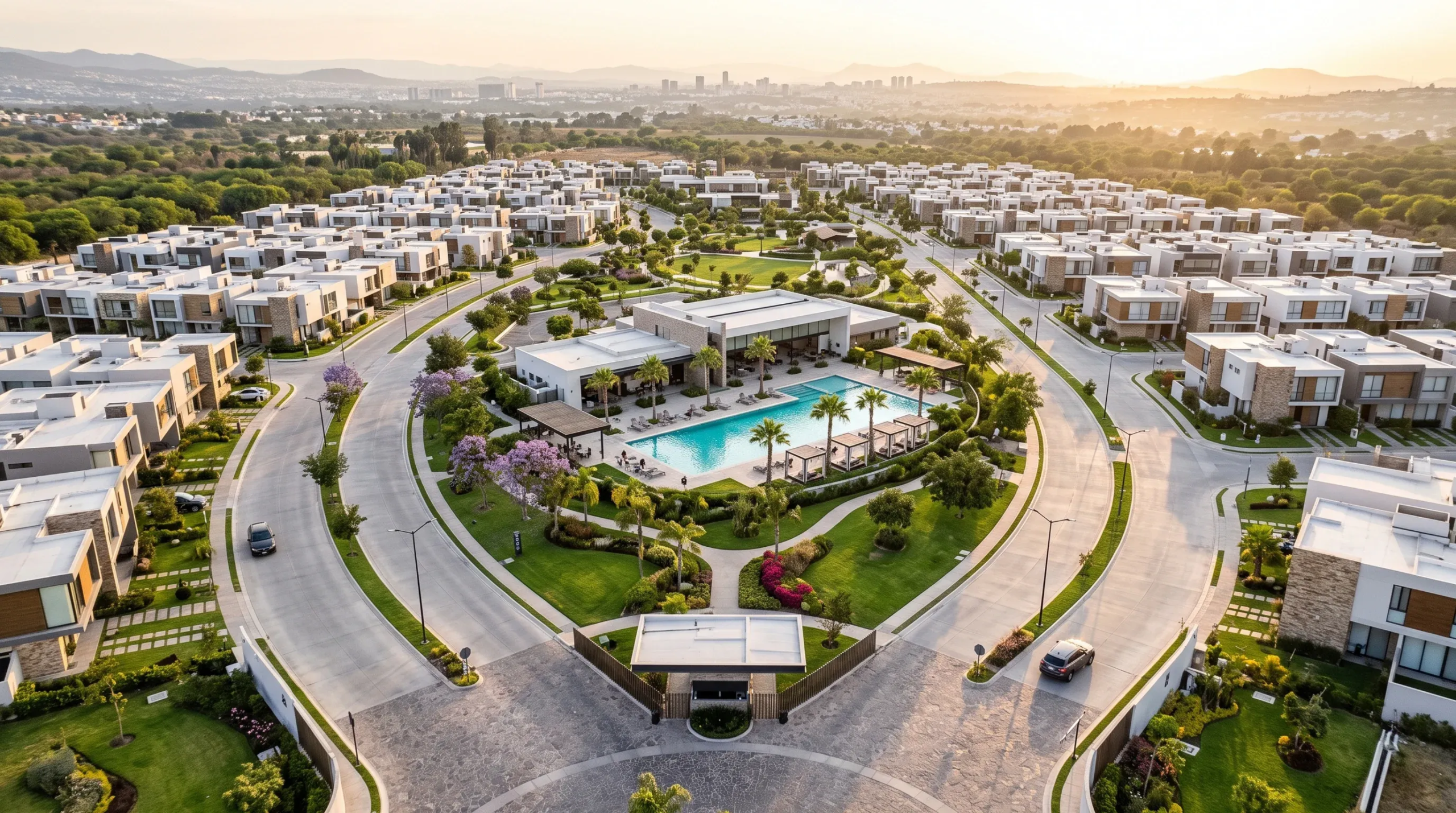 Vista aérea de una comunidad residencial de lujo planificada con club house central, alberca y parque verde rodeado de casas modernas, desarrollo integral de RBA Residences en Zapopan.