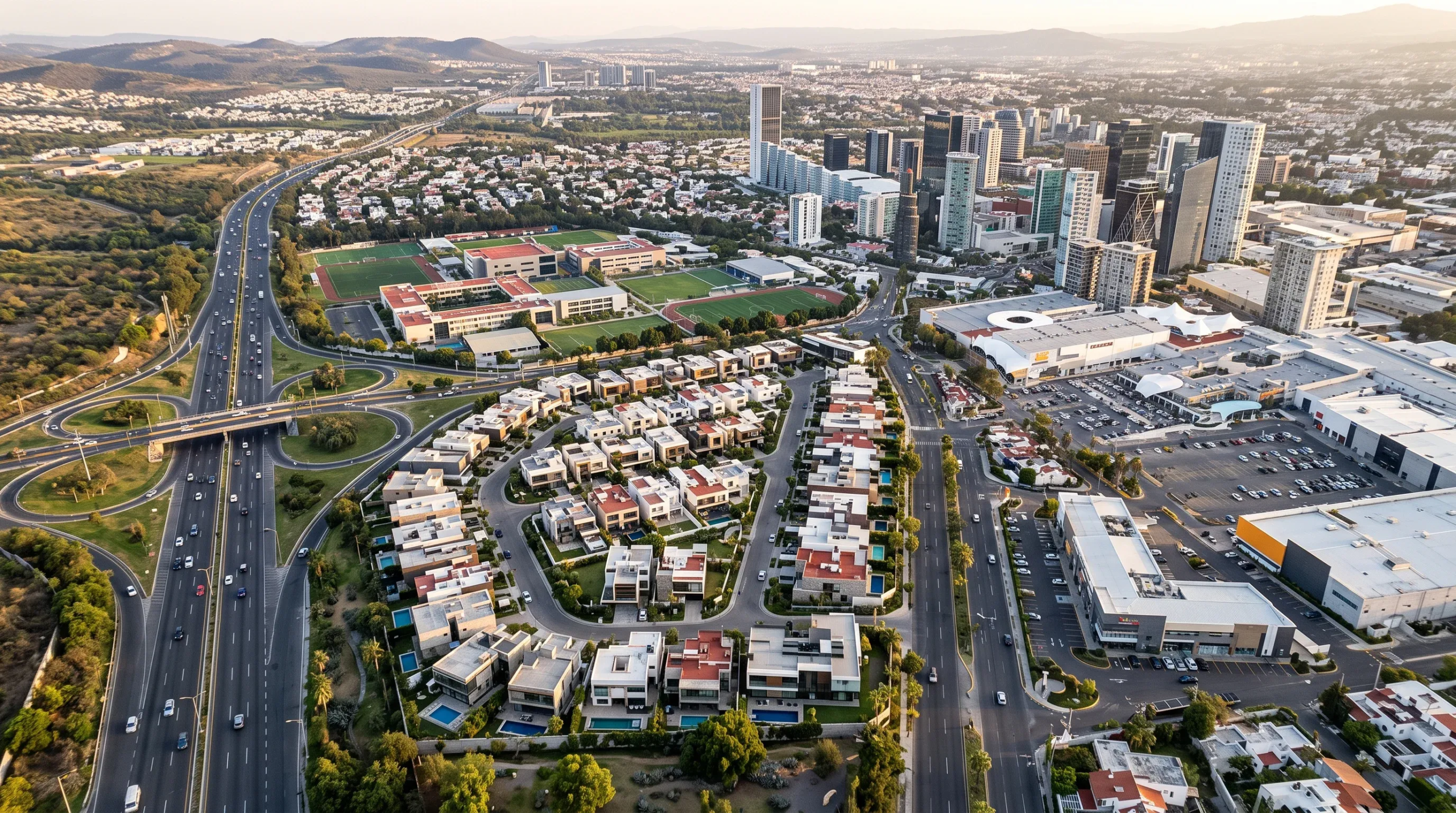 Vista aérea panorámica de paisaje urbano moderno con intercambio de autopista, vecindarios residenciales, centros comerciales y rascacielos del centro bajo luz dorada del atardecer, conectividad estratégica de RBA Residences en Zapopan.
