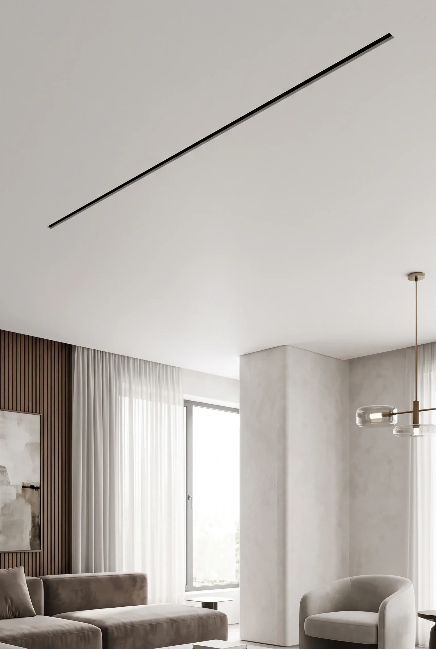 Interior minimalista con difusor lineal de aire acondicionado empotrado en el techo sobre una sala moderna, confort invisible de RBA Residences en Zapopan.