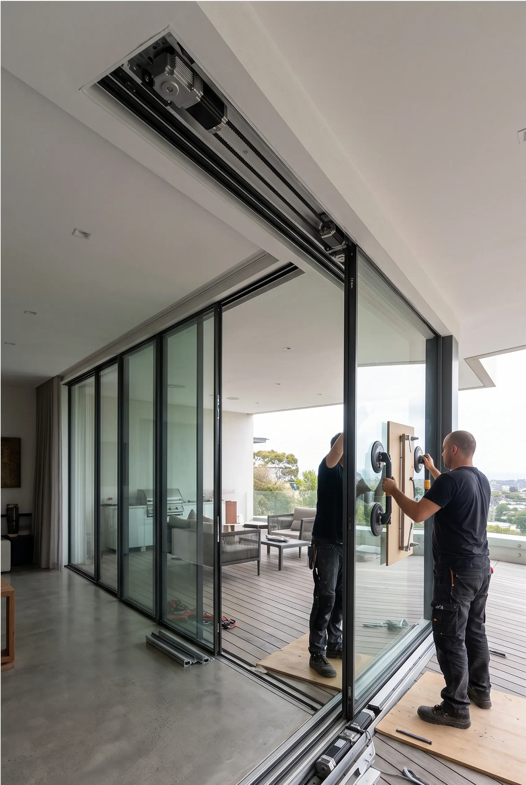 Dos técnicos vidrieros usando ventosas para posicionar un gran panel de vidrio en un sistema de riel de puerta corrediza automatizada durante la instalación, integración de automatización de RBA Residences en Zapopan.