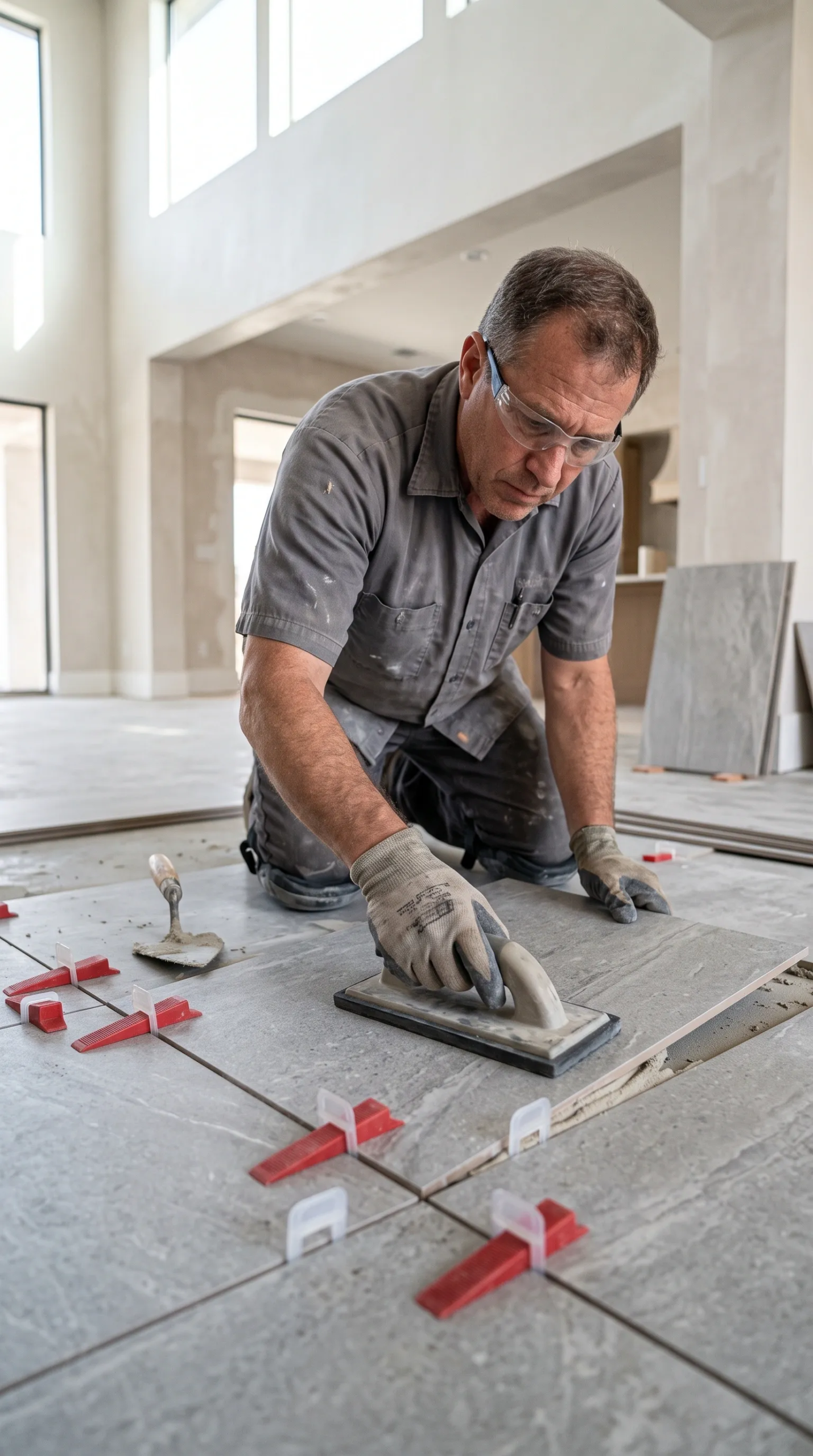 Artesano especializado arrodillado sobre almohadillas protectoras, instalando meticulosamente baldosas de porcelanato de gran formato con cuñas niveladoras rojas, llana de goma y espátula en un espacio interior de lujo con techos altos, maestría en pisos de RBA Residences en Zapopan.
