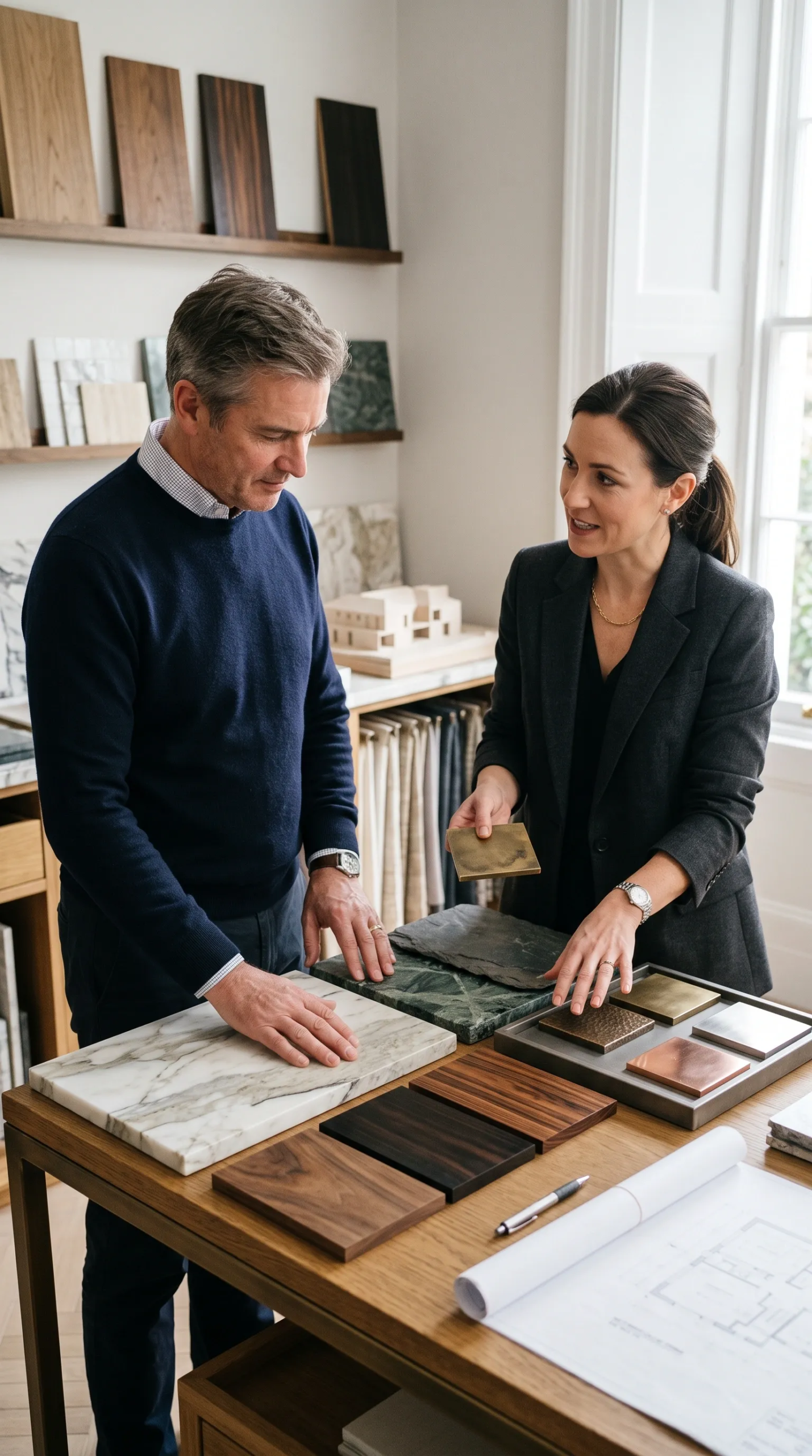 Diseñador de interiores presentando acabados de materiales, incluyendo losas de mármol premium, muestras de madera oscura y azulejos de metal pulido, a un cliente en un banco de trabajo de estudio de diseño con planos arquitectónicos, muestras de tela y estanterías de exhibición al fondo, curaduría de materiales de RBA Residences en Zapopan.