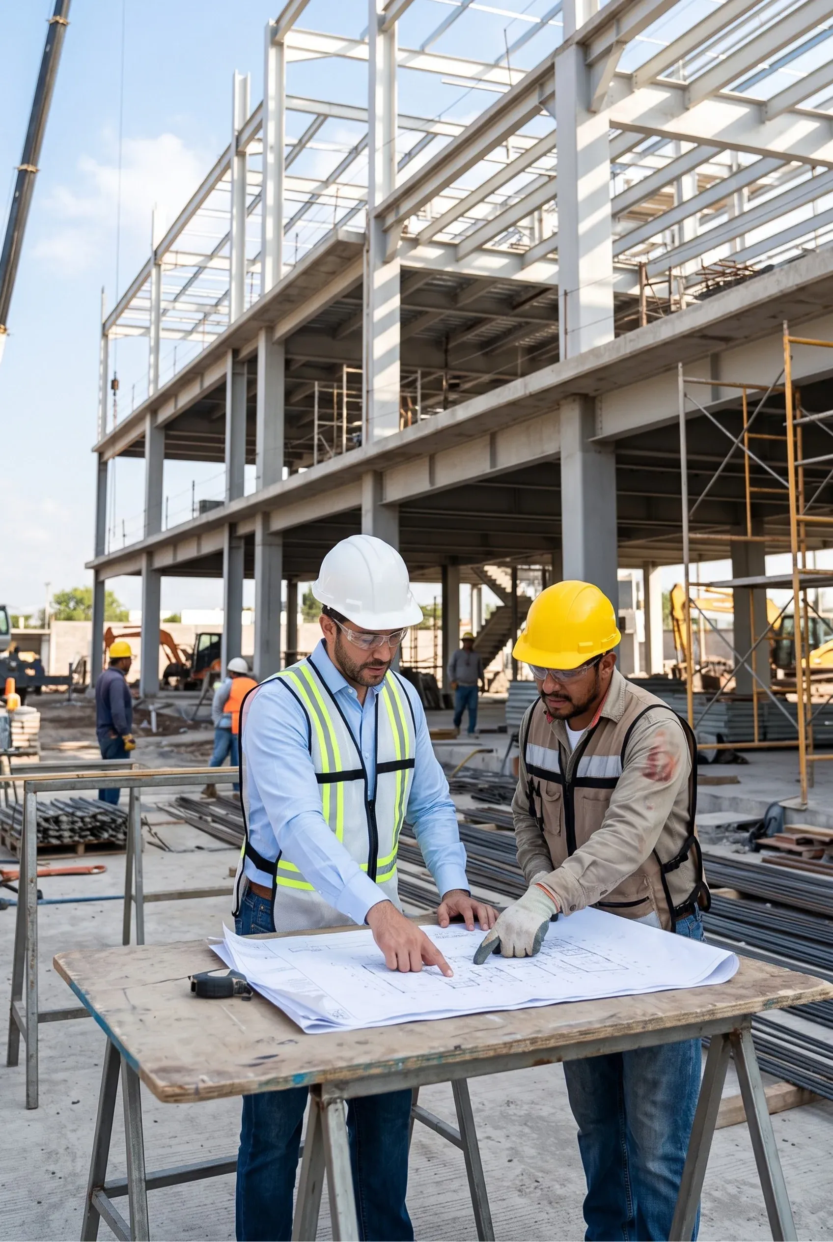Ingenieros revisando planos arquitectónicos sobre una mesa en un sitio de construcción activo, supervisión técnica de RBA Residences en Zapopan.