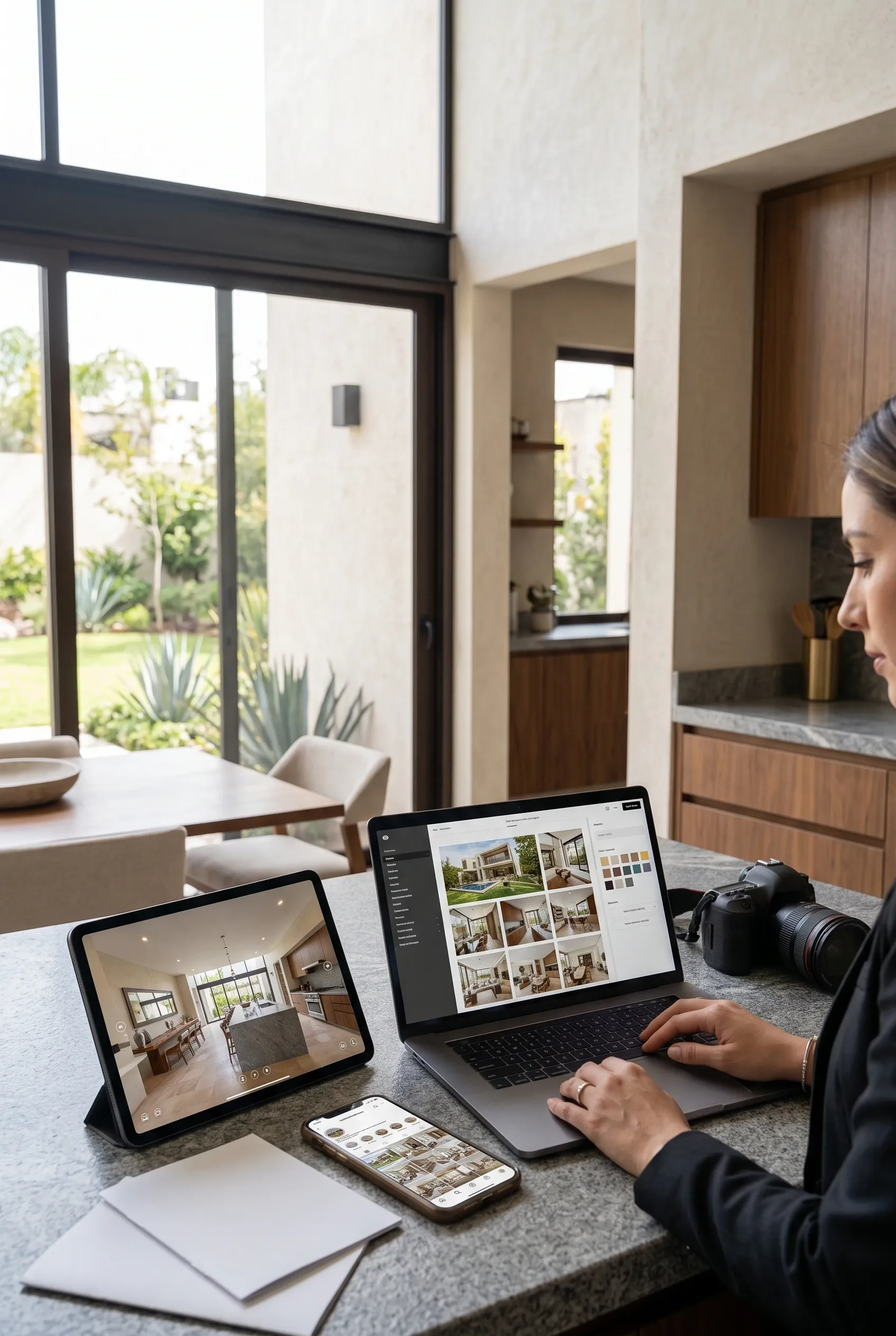 Profesional trabajando en laptop con galer&iacute;a de fotos inmobiliarias, tableta con recorrido 3D del interior y smartphone con redes sociales, marketing digital de RBA Residences en Zapopan.