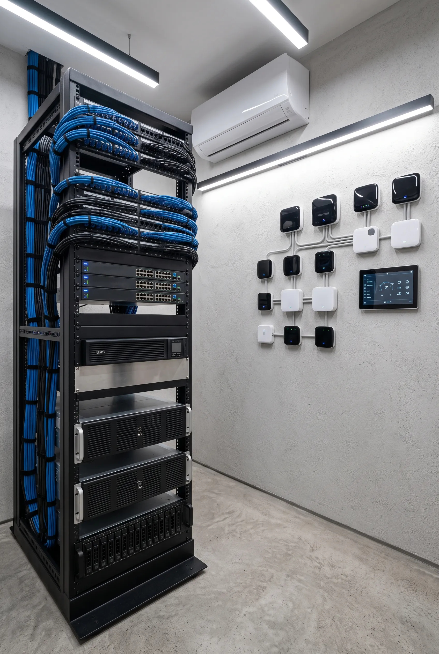 Rack de servidores AV y redes con cableado organizado junto a un panel de domótica, pantalla táctil y aire acondicionado en un cuarto técnico, infraestructura inteligente de RBA Residences en Zapopan.
