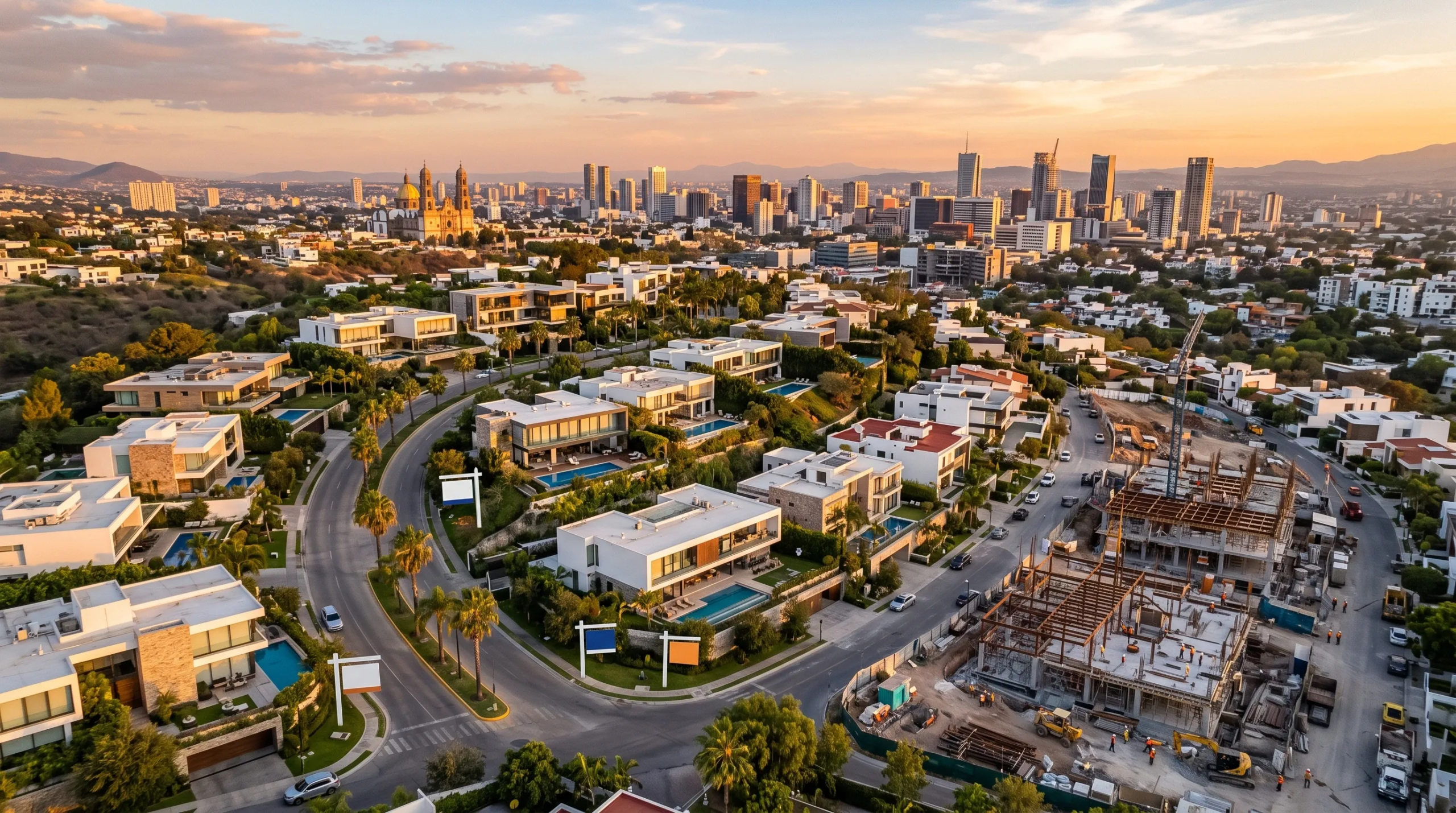 Vista a&eacute;rea de vecindario suburbano de lujo con villas modernas blancas y sitio de construcci&oacute;n en primer plano, con horizonte urbano al atardecer, crecimiento comunitario de RBA Residences en Zapopan.
