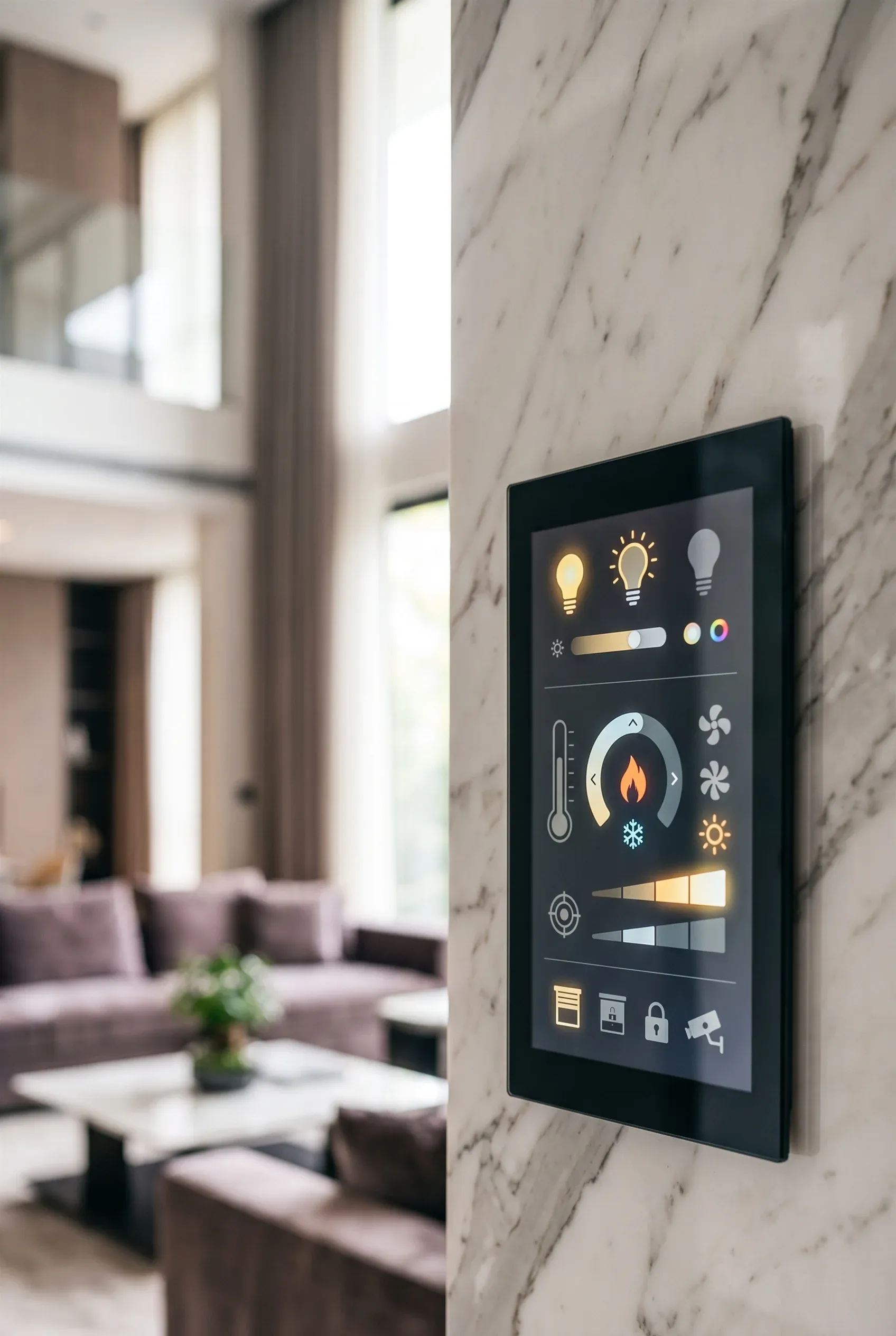 Panel de control de domótica montado en una sala moderna de lujo, integración tecnológica de RBA Residences en Zapopan.
