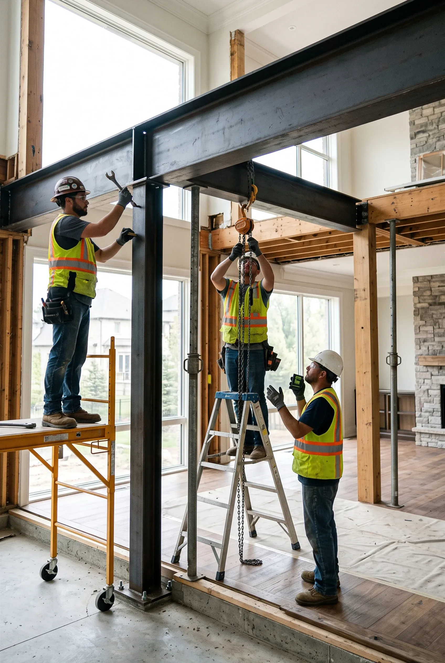Trabajadores instalando y asegurando una pesada viga de acero estructural tipo I dentro de un proyecto de enmarcado residencial, ingeniería estructural de RBA Residences en Zapopan.