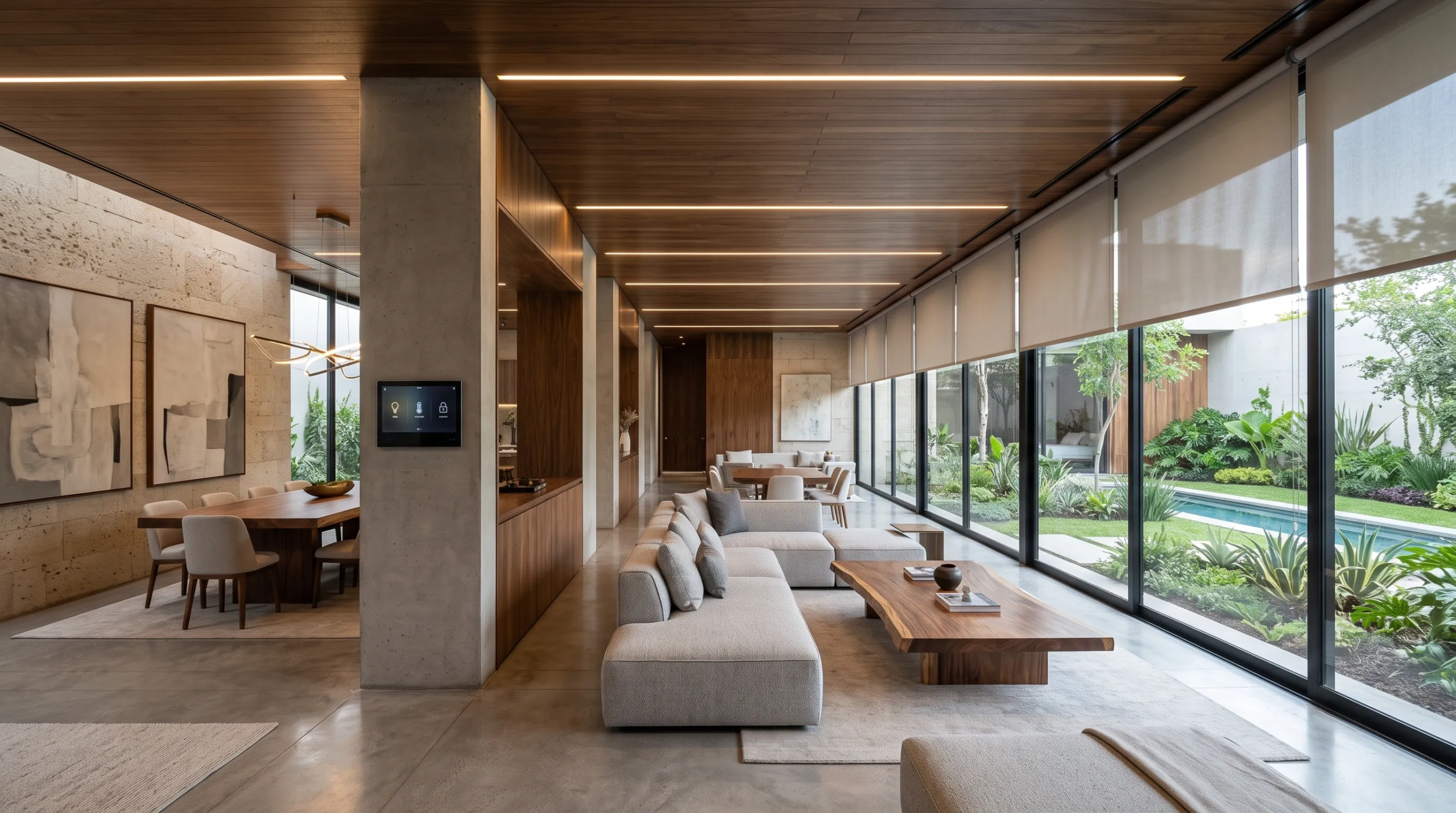 Interior de casa de lujo de concepto abierto con paneles de techo de madera, iluminaci&oacute;n lineal integrada, paneles t&aacute;ctiles de control dom&oacute;tico y muros de vidrio de piso a techo con vista a alberca y jard&iacute;n, dise&ntilde;o inteligente de RBA Residences en Zapopan.