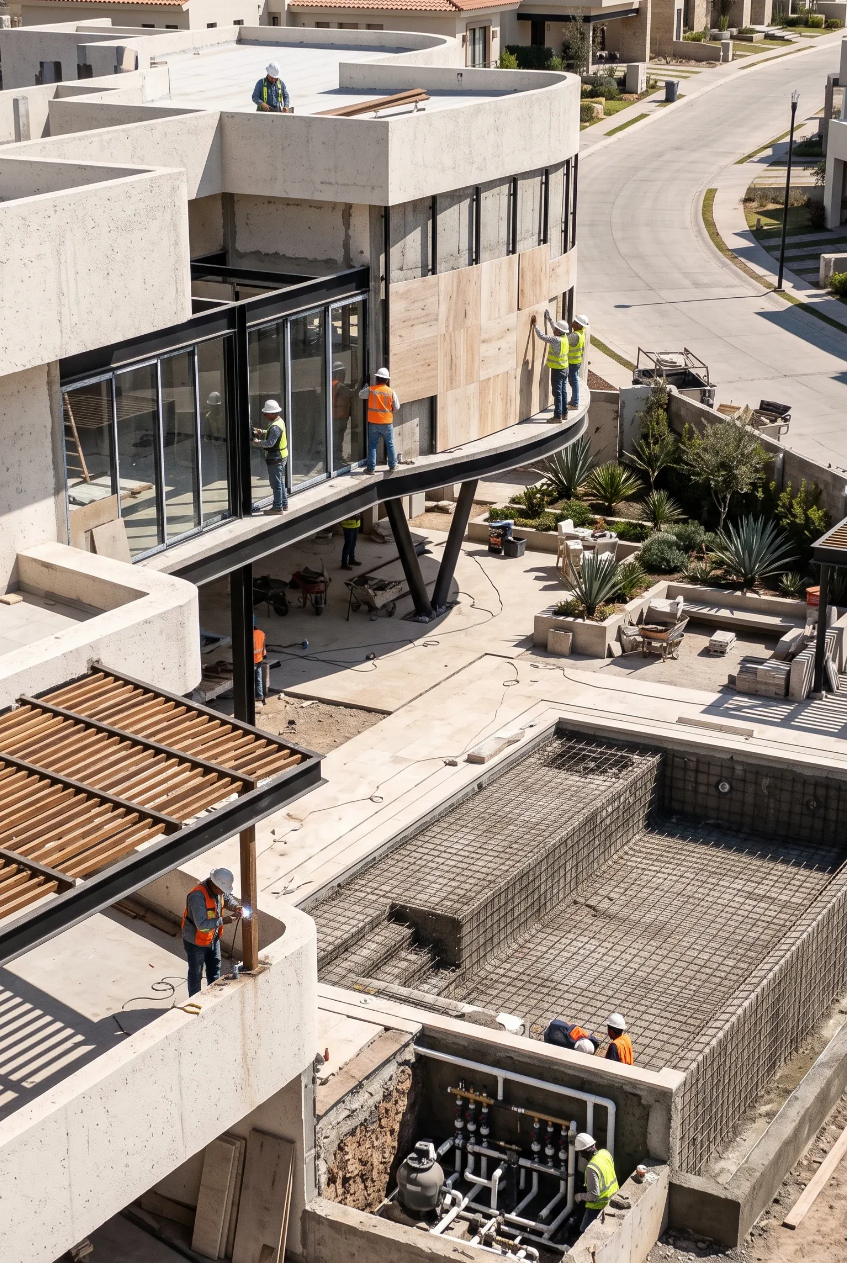 Vista elevada de trabajadores construyendo una casa de lujo y preparando el armado de acero de refuerzo para una alberca personalizada, ingeniería de cimentación de RBA Residences en Zapopan.