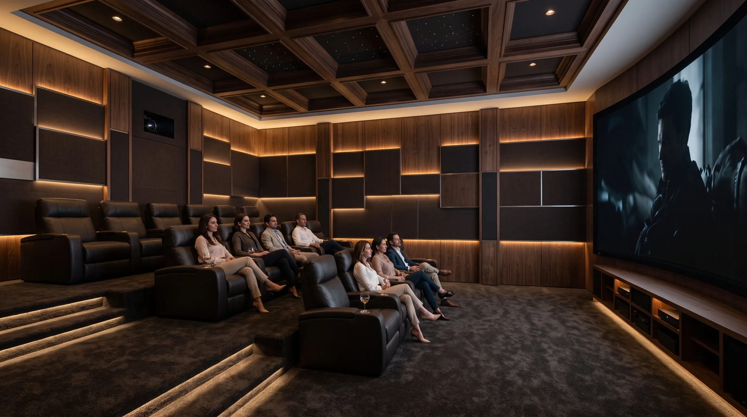 Grupo de personas en asientos de cuero escalonados viendo una película en una pantalla curva dentro de un cine privado de lujo, diseño de entretenimiento de RBA Residences en Zapopan.