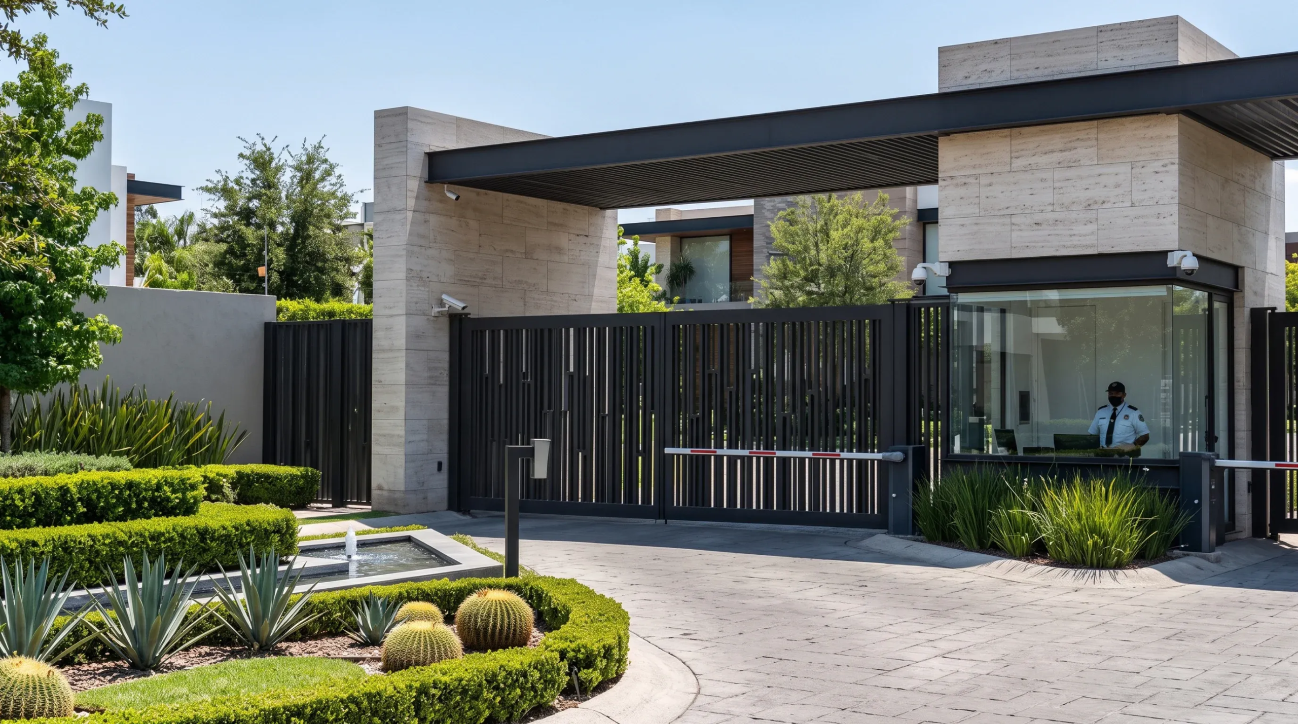 Entrada moderna con caseta de seguridad, puerta automatizada y acceso paisajista a una comunidad residencial de lujo, acceso exclusivo de RBA Residences en Zapopan.