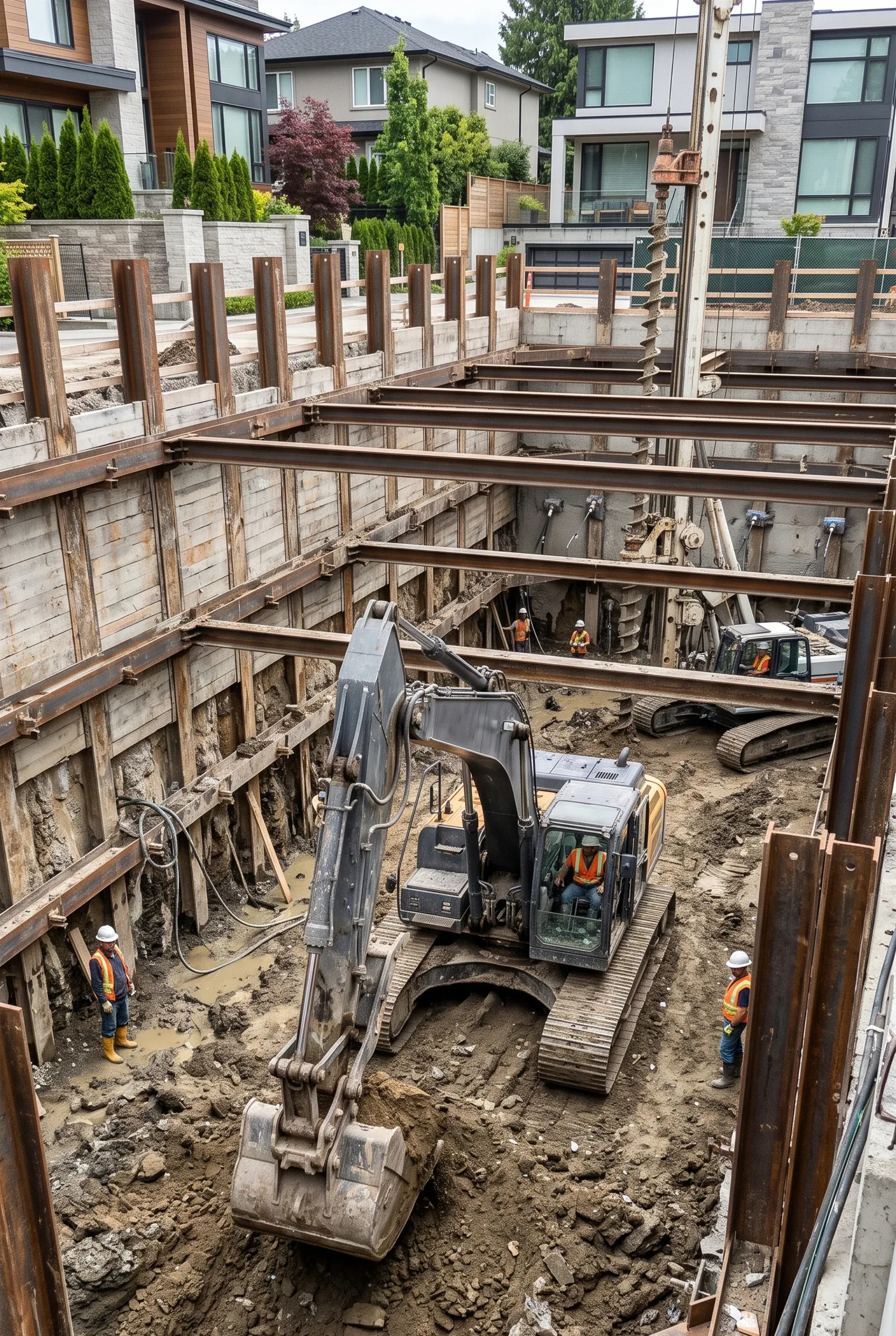 Excavadora operando en una excavación de cimentación profunda con pilotes de acero, entibado y riostras, junto a una perforadora y trabajadores, ingeniería geotécnica de RBA Residences en Zapopan.