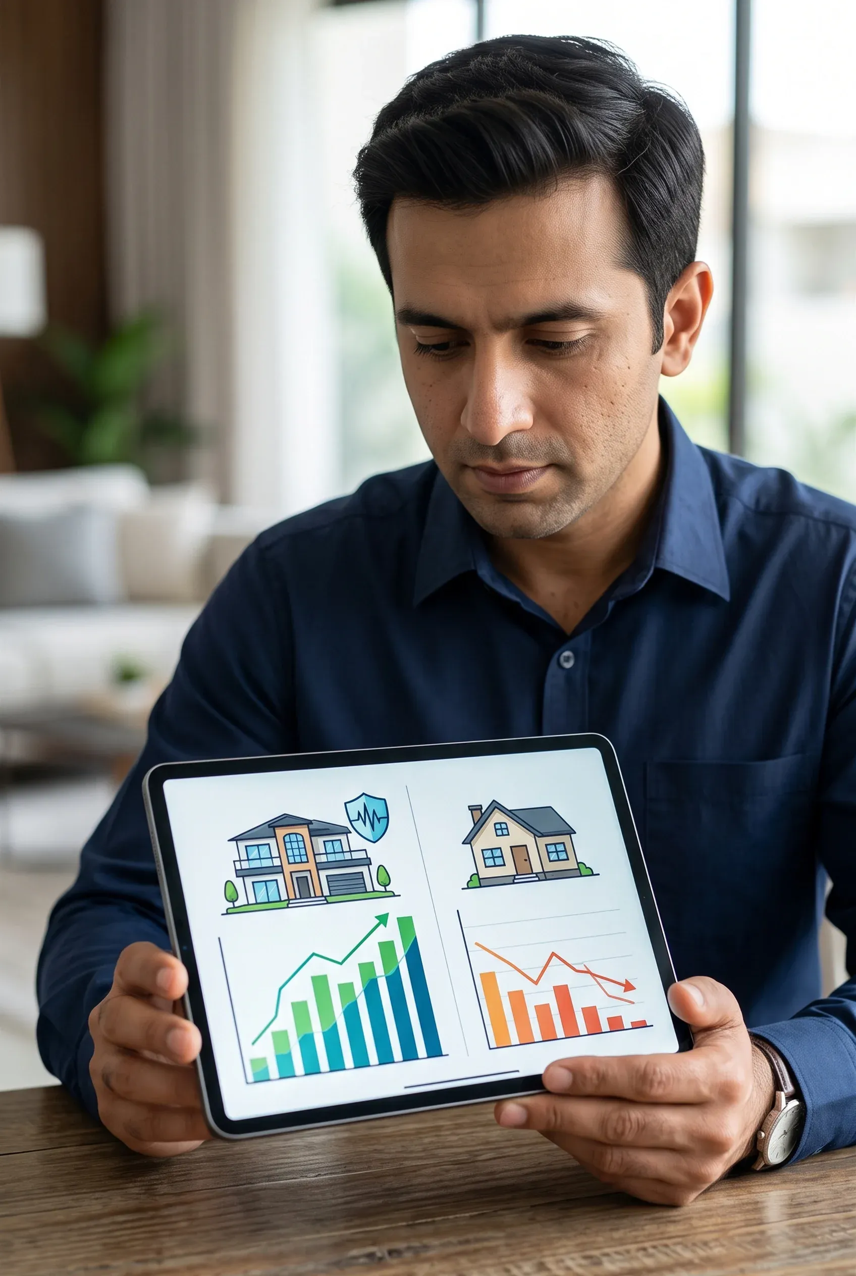 Consultor inmobiliario o de seguros sosteniendo una tableta hacia la cámara mostrando gráficos comparativos de valor de propiedad, métricas de seguridad y proyecciones de riesgo reducido, valoración de activos de RBA Residences en Zapopan.