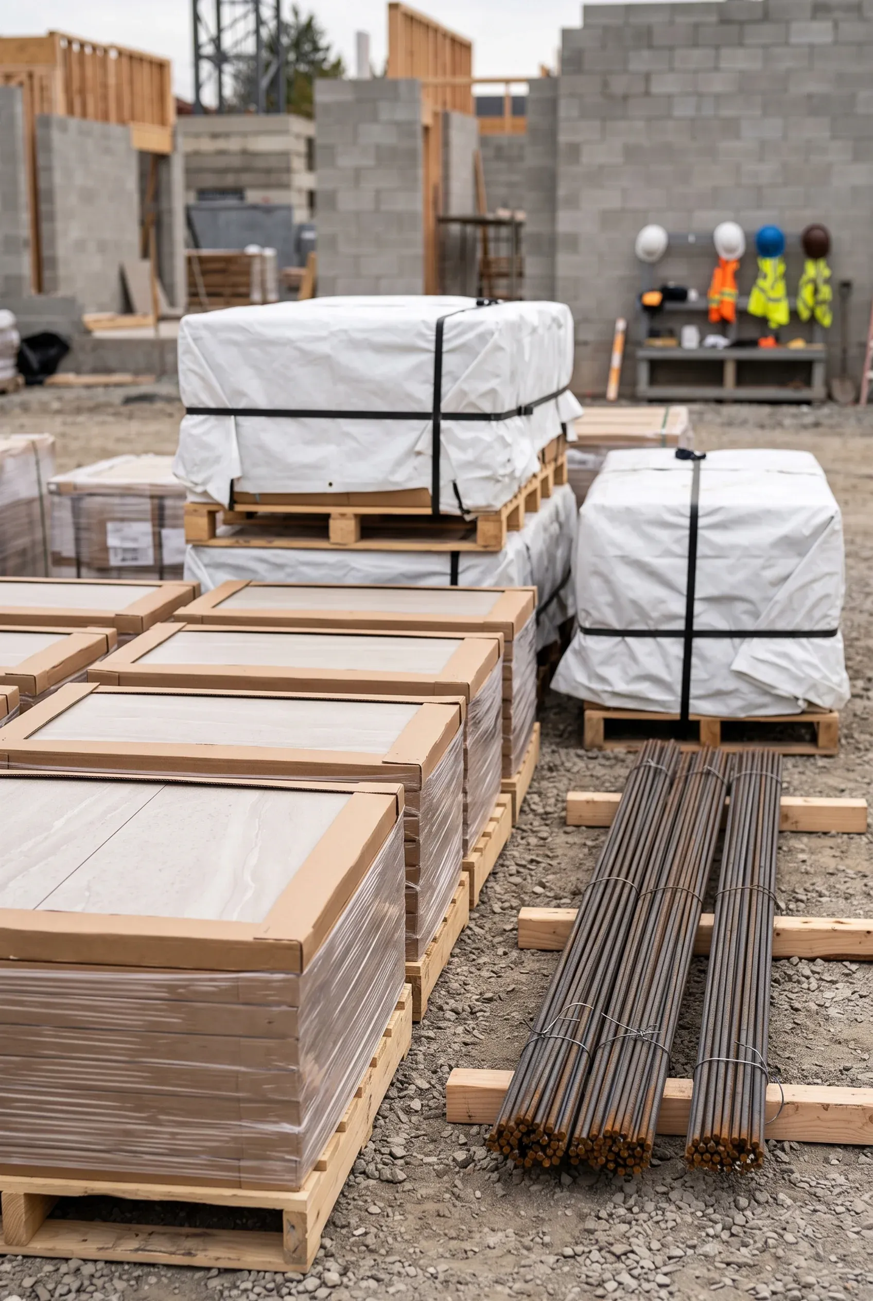 Palets de materiales de construcción, losetas de piedra y varilla de acero apilados en una obra activa, logística de abastecimiento de RBA Residences en Zapopan.
