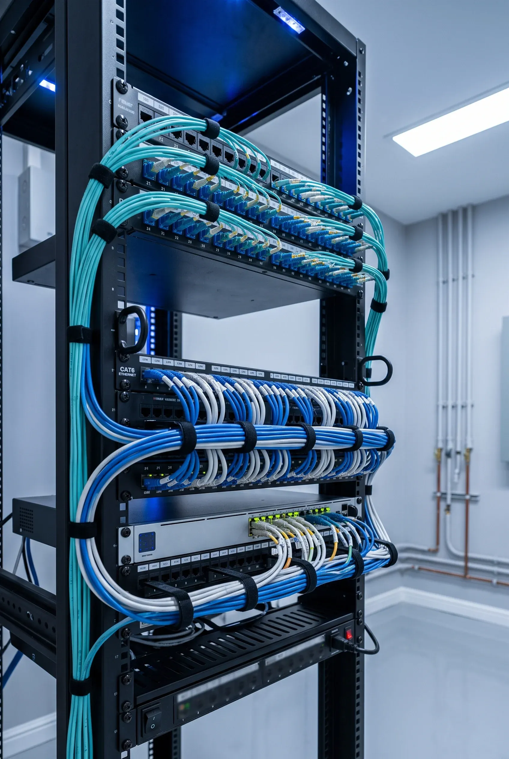 Rack de servidores de red con conexiones Ethernet y de fibra óptica perfectamente organizadas y parcheadas en un cuarto de servidores, infraestructura de datos de RBA Residences en Zapopan.