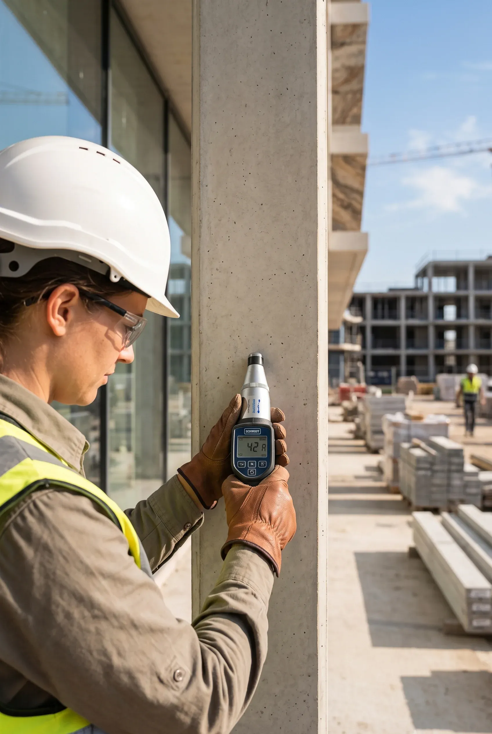 Inspector de obra utilizando un martillo de rebote Schmidt digital para probar la resistencia del concreto en una columna de soporte, control estructural de RBA Residences en Zapopan.