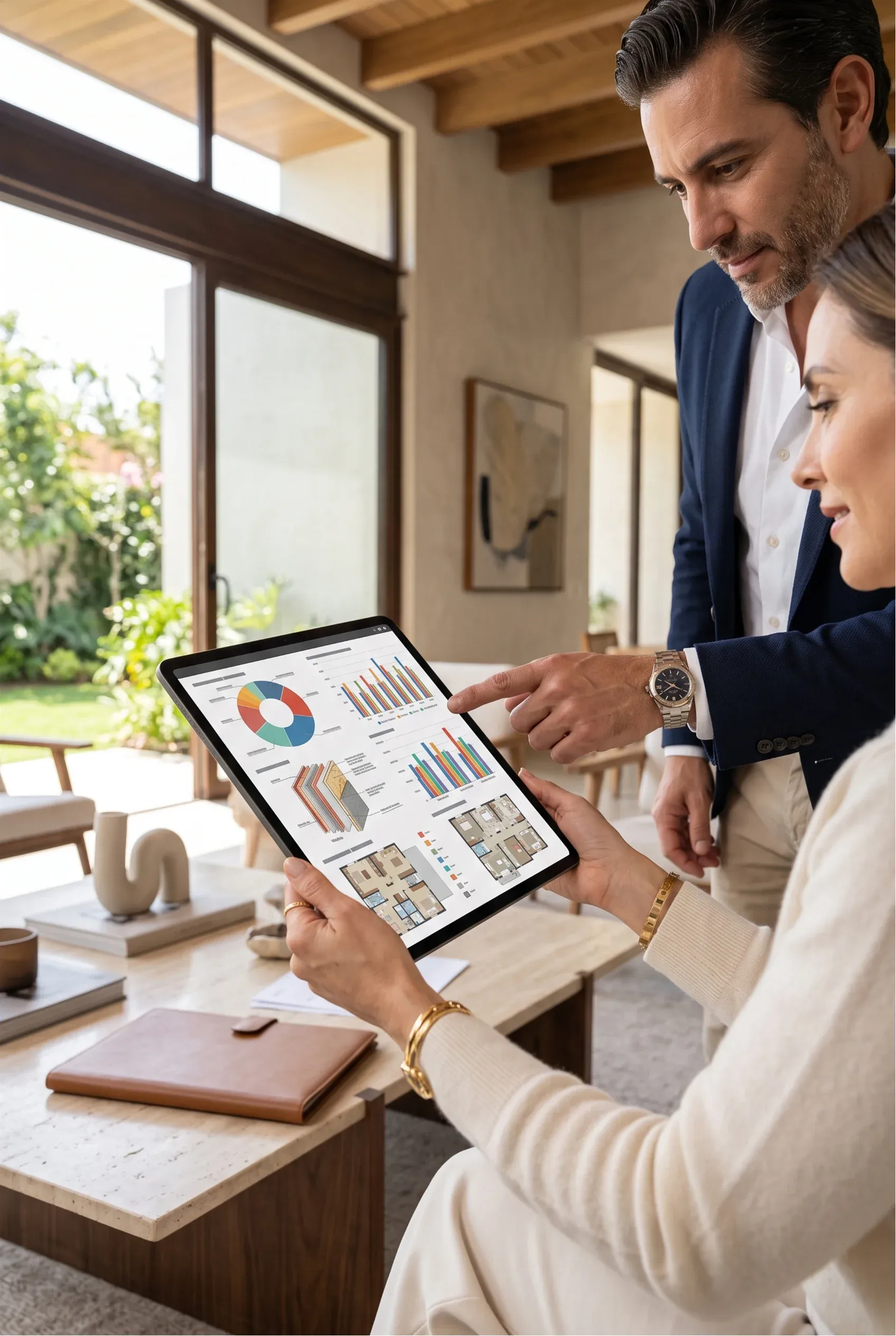 Profesional inmobiliario señalando gráficos de datos y planos de planta en una tableta a un cliente en una sala de estar moderna, visualización inmersiva de RBA Residences en Zapopan.