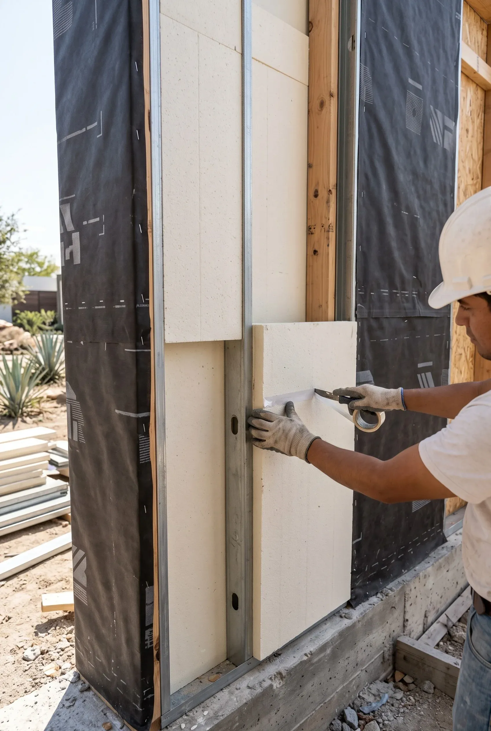 Trabajador sellando con cinta las juntas de paneles de aislamiento térmico en una estructura al aire libre, construcción hermética de RBA Residences en Zapopan.