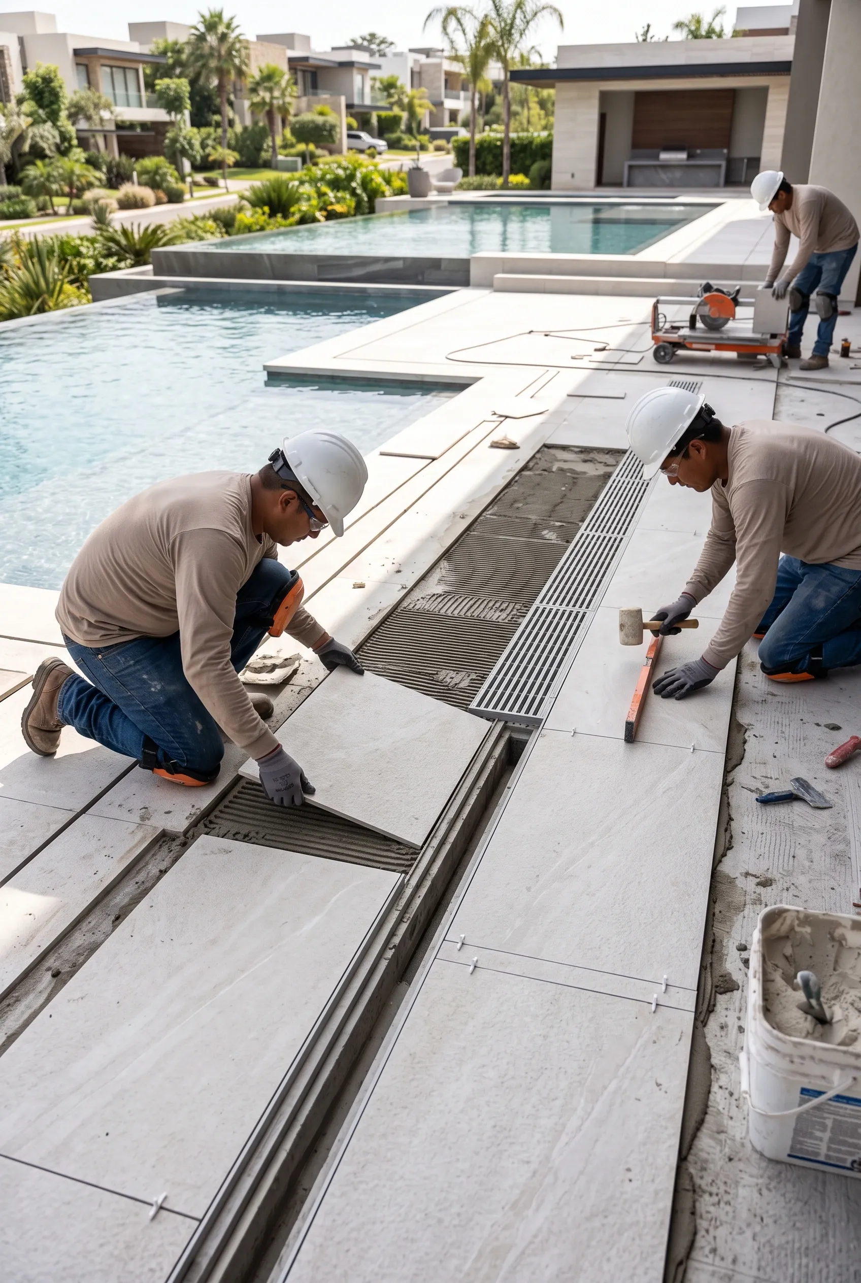 Trabajadores de la construcción con cascos instalando adoquines de patio exterior junto a una alberca, acabados de exteriores de RBA Residences en Zapopan.