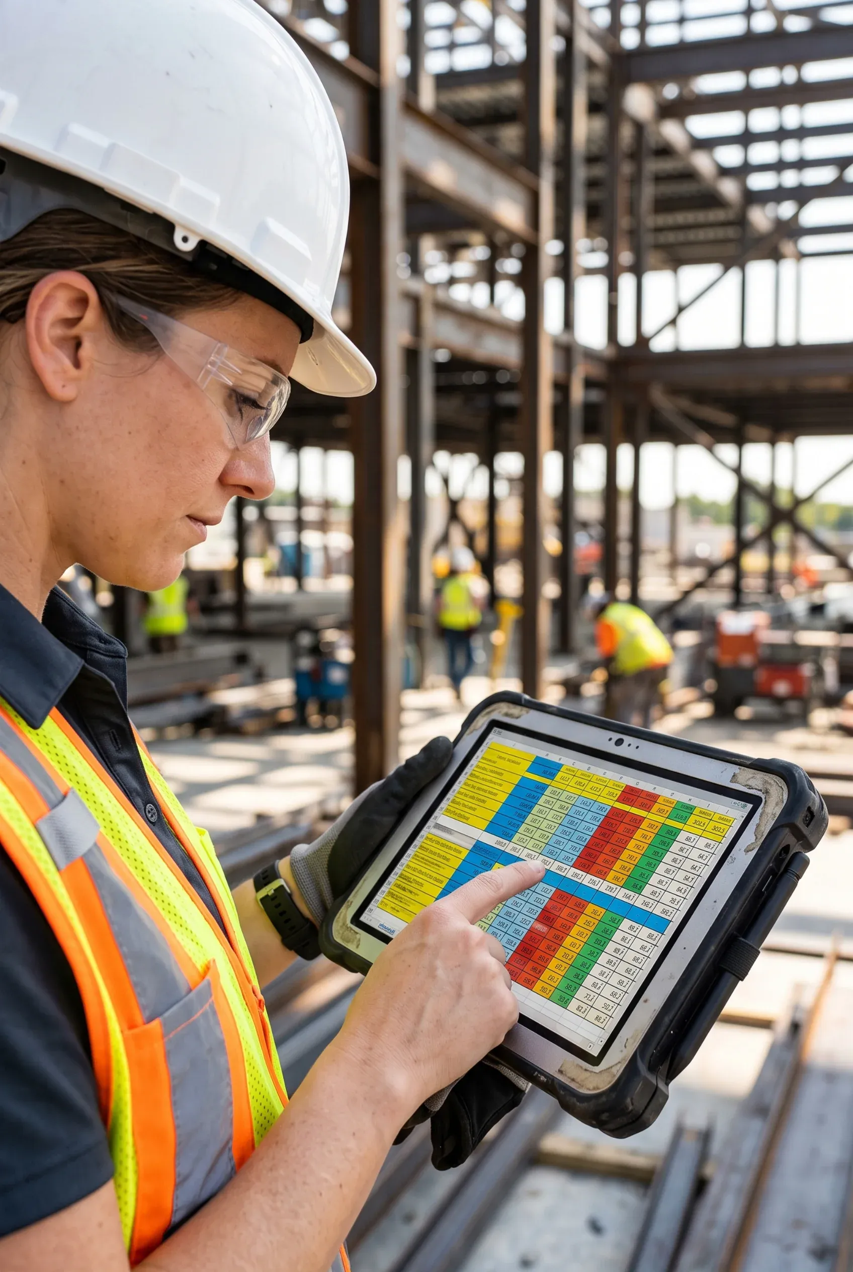 Ingeniero revisando datos del proyecto en una tableta resistente en una obra con estructura de acero, supervisión de campo de RBA Residences en Zapopan.