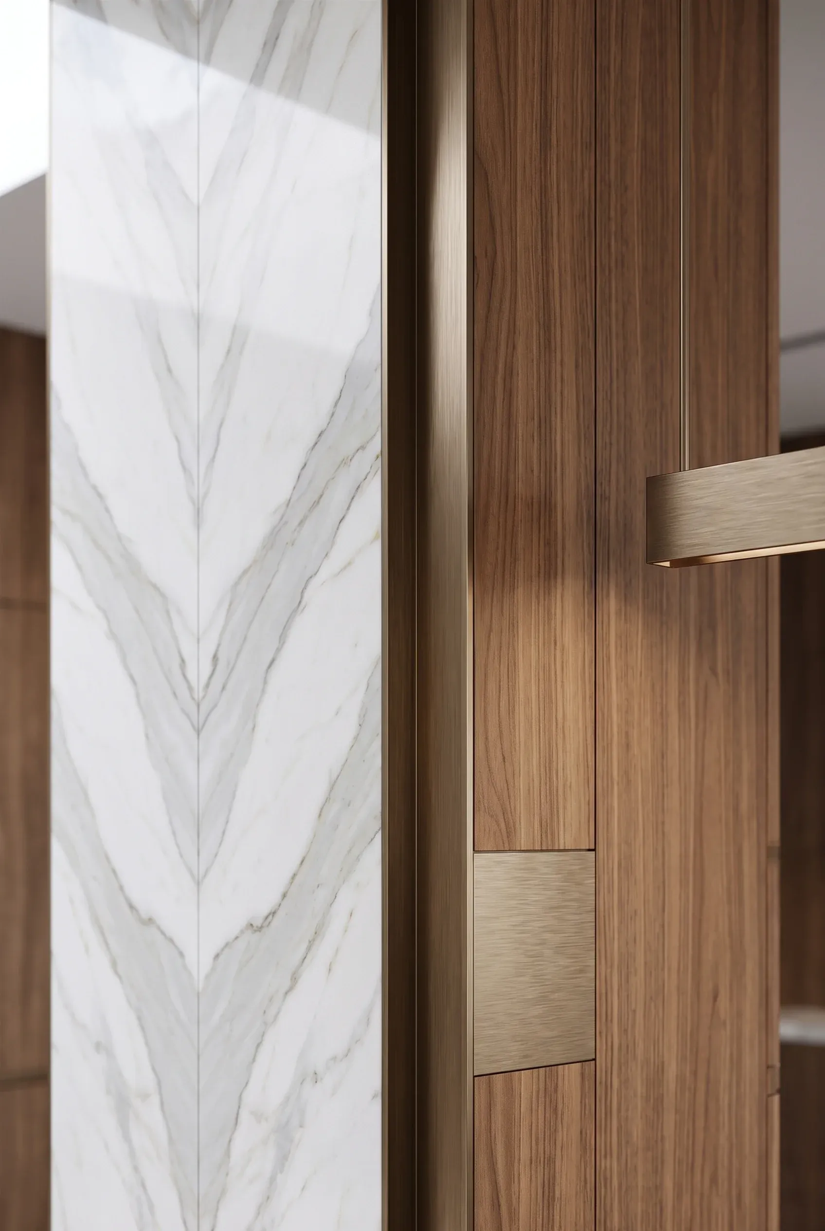 Detalle arquitectónico de panelado de mármol blanco bookmatched, revestimiento de madera cálida y molduras metálicas cepilladas, acabados exclusivos de RBA Residences en Zapopan.