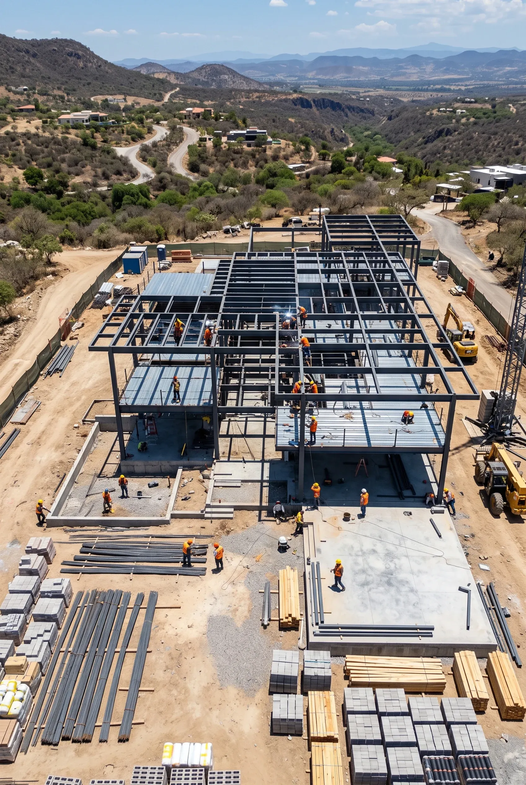 Vista aérea de una estructura de acero en construcción con trabajadores y maquinaria pesada en un entorno de colinas, proyecto de RBA Residences en Zapopan.
