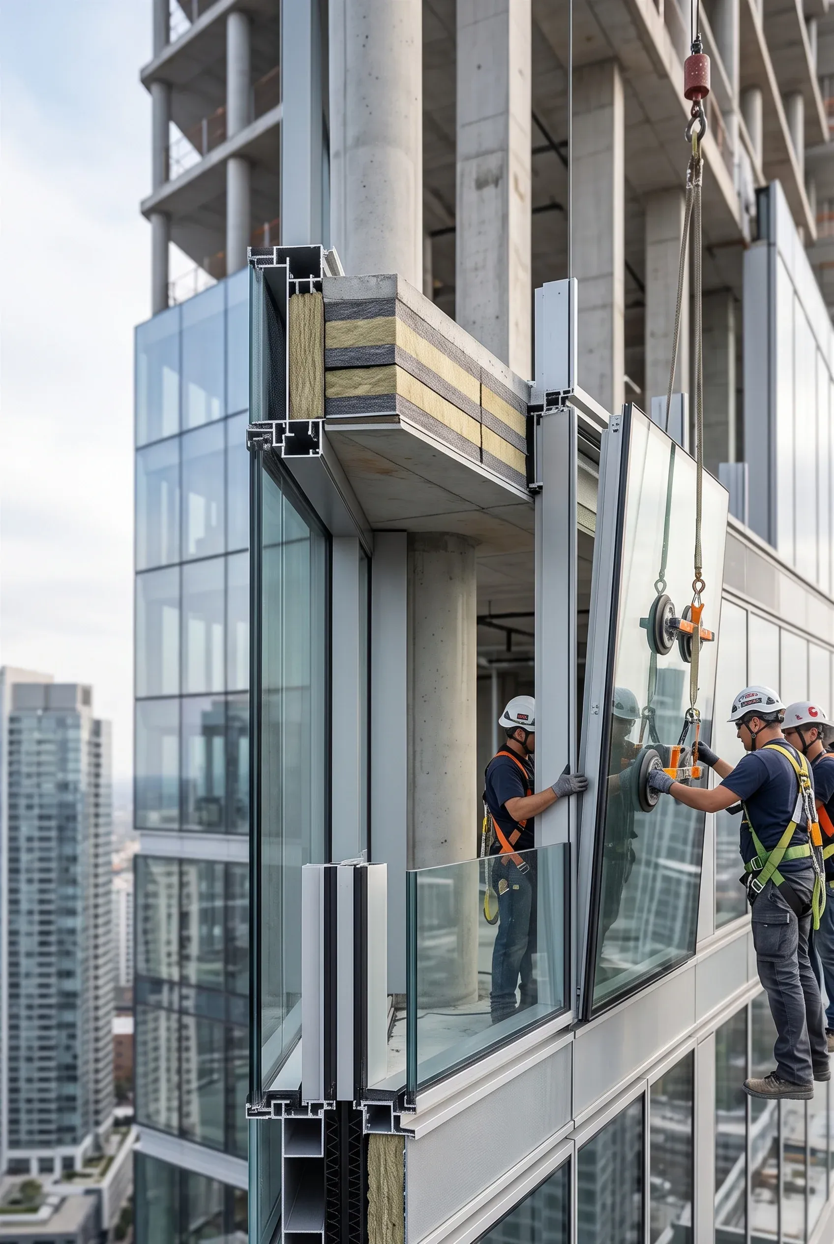 Trabajadores instalando paneles de fachada de vidrio en un rascacielos con ventosas de elevación de precisión, acabados de cristal de RBA Residences en Zapopan.