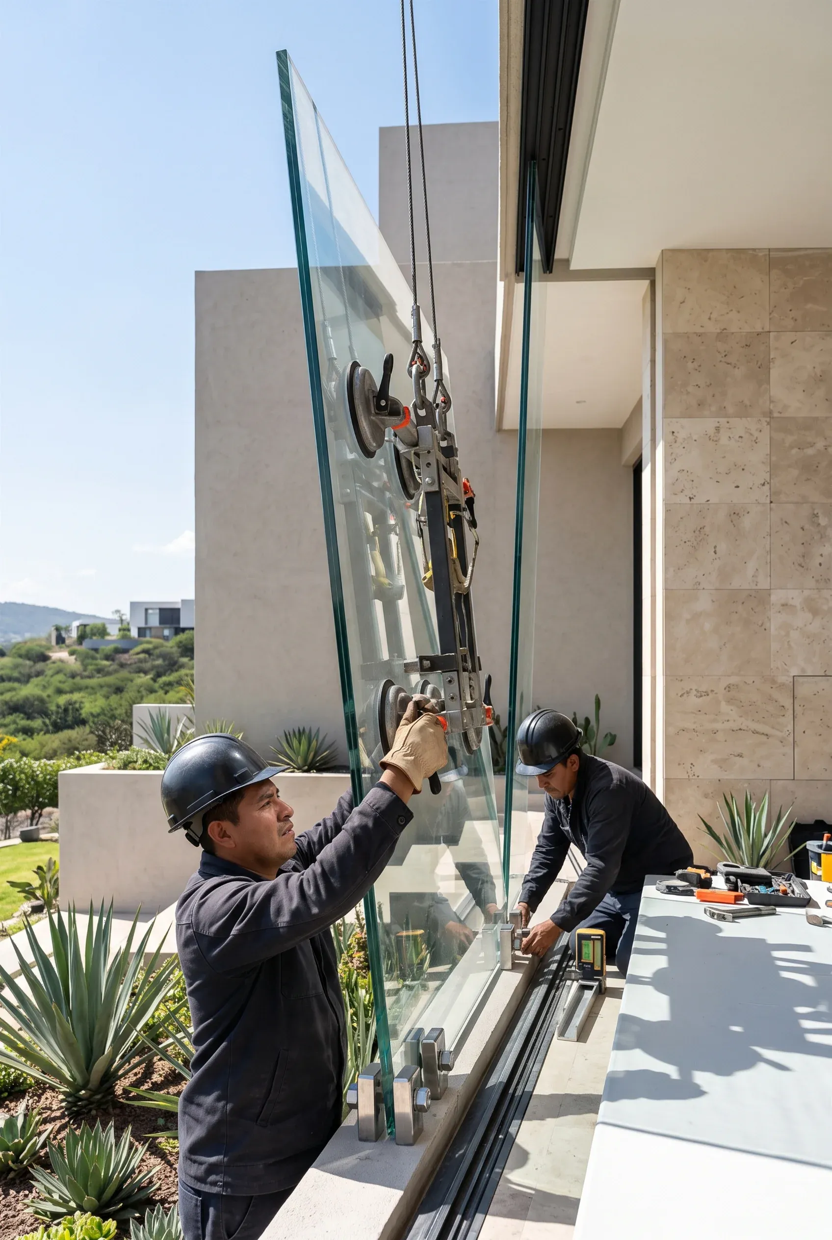 Vista de vidrieros especializados utilizando un elevador de ventosas de alta resistencia y aparejos para instalar con precisi&oacute;n un panel de vidrio exterior de gran formato en el riel de una residencia moderna de lujo, integraci&oacute;n de transparencia arquitect&oacute;nica de RBA Residences en Zapopan.