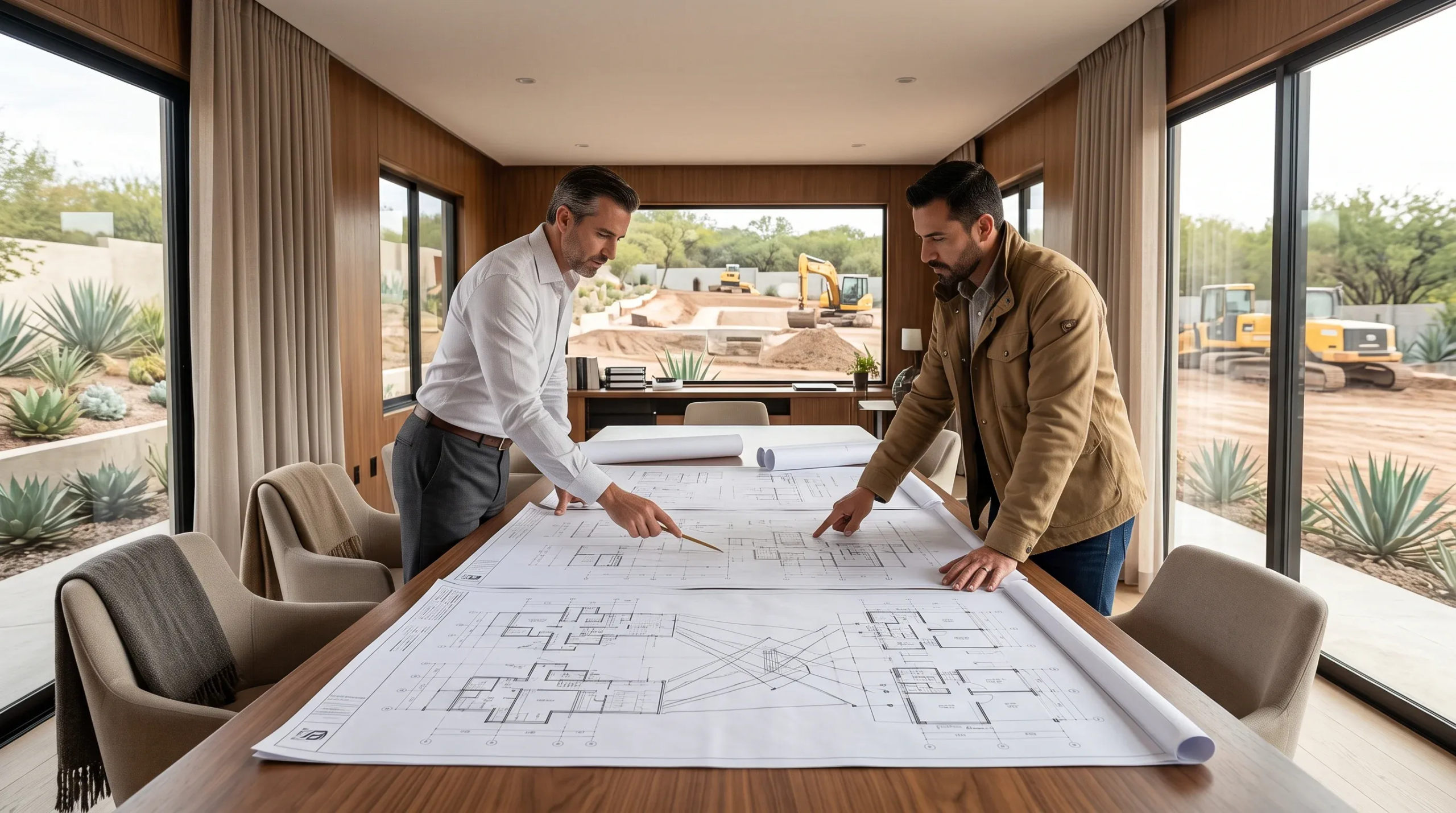 Vista de dos profesionales del diseño revisando grandes planos arquitectónicos del sitio sobre una larga mesa de conferencia de nogal dentro de una oficina moderna con paneles de madera. Ventanales de piso a techo ofrecen vistas directas a un sitio activo de movimiento de tierras con excavadoras amarillas, representando la supervisión estratégica en tiempo real de RBA Residences en Zapopan.