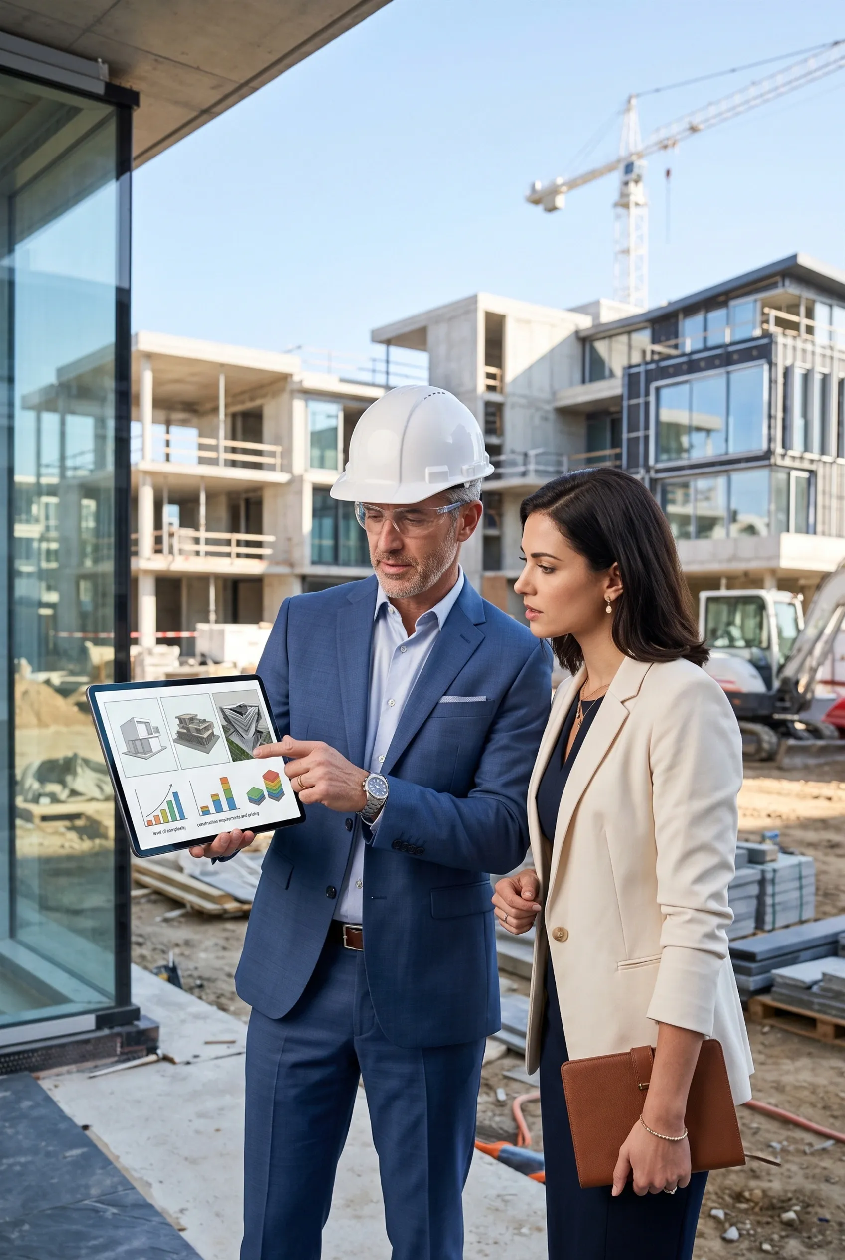 Ejecutivo de construcción con traje y casco presentando renderizados arquitectónicos digitales y análisis del proyecto en una tableta a un cliente en un sitio de desarrollo, liderazgo ejecutivo en campo de RBA Residences en Zapopan.