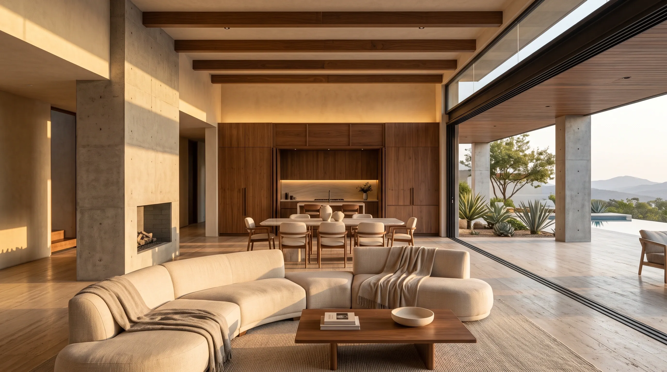 Sala de estar de villa de lujo de concepto abierto con asientos modulares curvos, techo de vigas de madera, iluminación cálida integrada, pilares de concreto expuesto y puertas de vidrio de piso a techo hacia una terraza con alberca infinita, diseño fluido de RBA Residences en Zapopan.