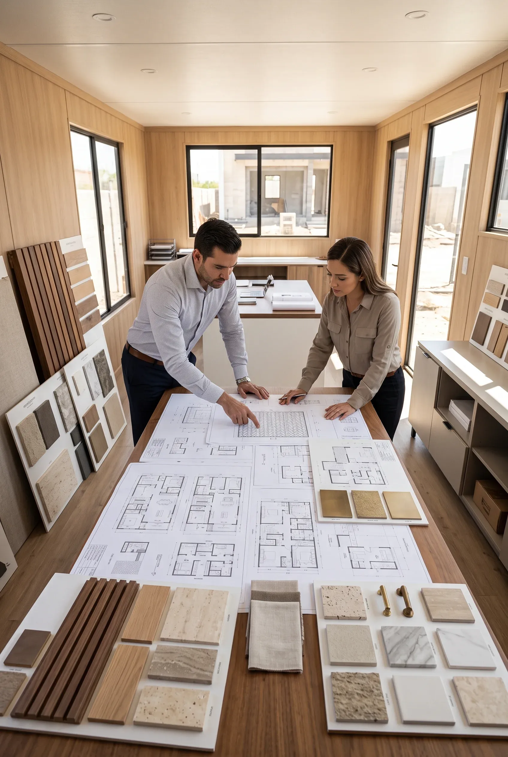 Vista de una presentación al cliente con planos de planta del sitio, revisiones de distribución a escala y selección de tableros de inspiración (mood boards) de materiales, representando la curaduría colaborativa y la visión integral de diseño de RBA Residences en Zapopan.