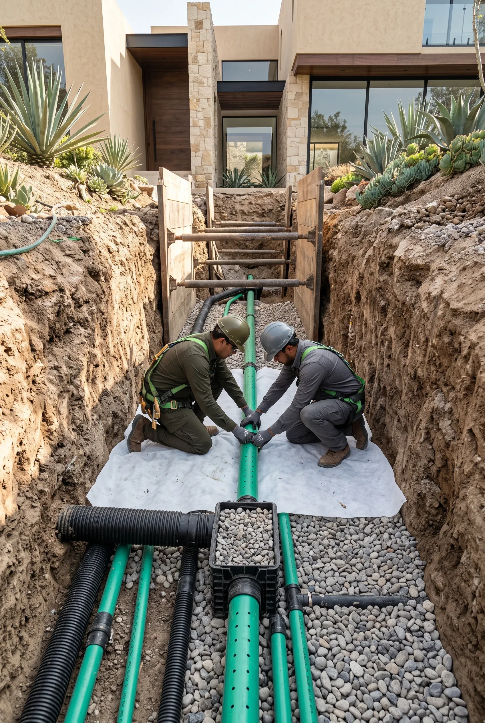 Vista de técnicos de servicios públicos instalando tuberías de drenaje subterráneo y conductos corrugados dentro de una zanja entibada frente a una residencia moderna de lujo, infraestructura subterránea robusta de RBA Residences en Zapopan.