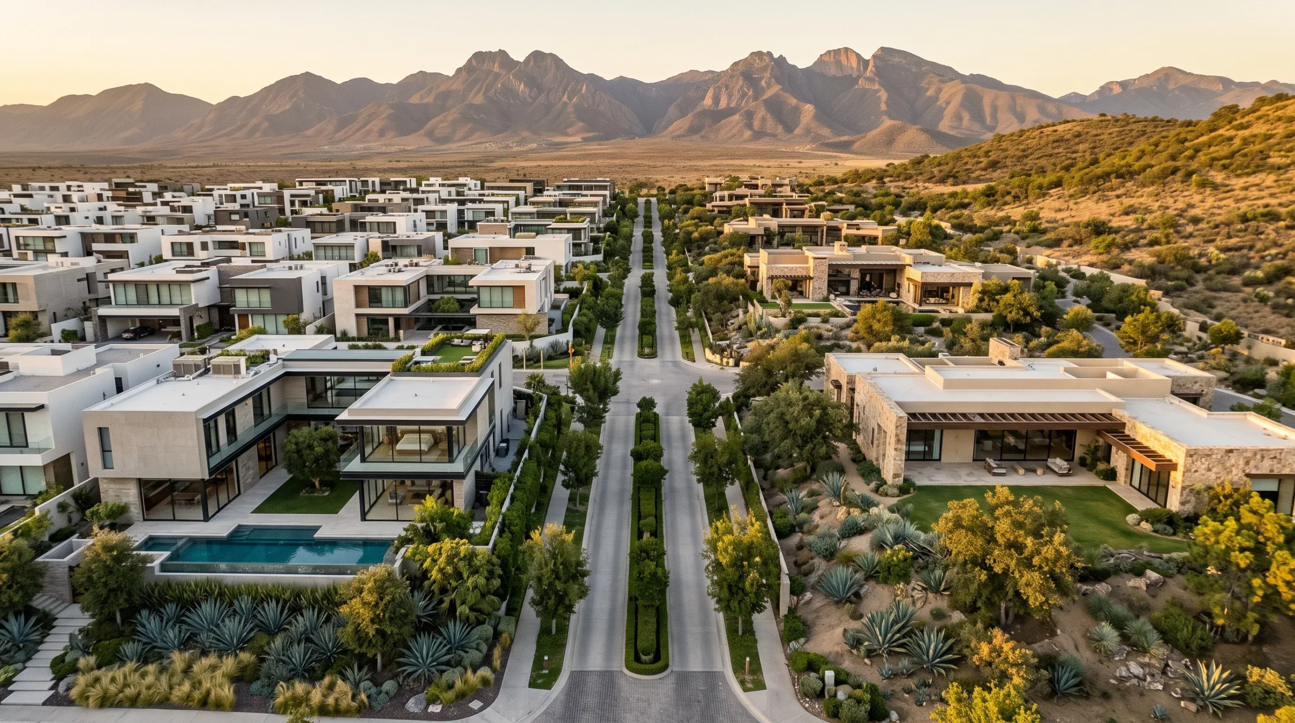 Vista aérea de gran angular de una exclusiva comunidad residencial planificada bañada en la luz dorada del atardecer, al pie de una imponente cadena montañosa. El desarrollo presenta mansiones modernas de techo plano con revestimiento de piedra, albercas infinitas y paisajismo desértico prístino a lo largo de un bulevar central arbolado, prestigio y ubicación de RBA Residences en Zapopan.