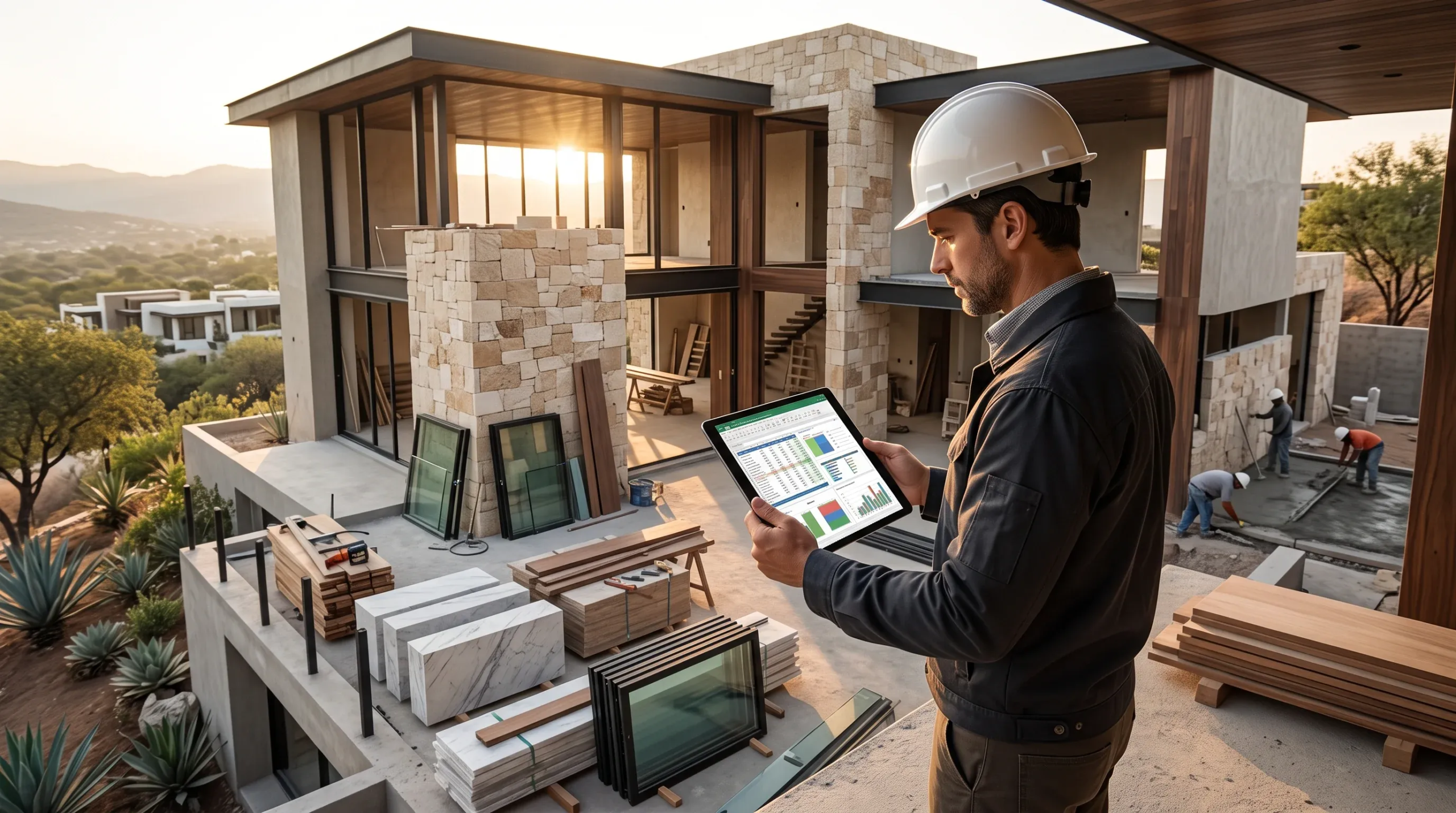 Vista de perfil de un gerente de construcción con casco blanco revisando datos del sitio y gráficos financieros en una tableta, en una terraza superior de una residencia de lujo moderna al atardecer. Primer plano con materiales organizados como bloques de mármol, madera apilada y paneles de vidrio, con una villa multinivel con revestimiento de piedra y estructura de acero al fondo, gestión de recursos de RBA Residences en Zapopan.