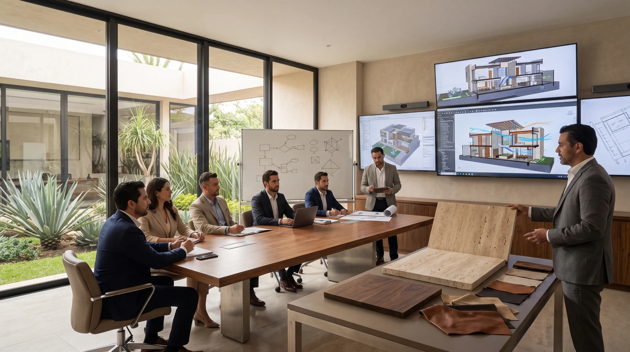Vista de una sala de conferencias arquitect&oacute;nica durante una revisi&oacute;n de proyecto, con m&uacute;ltiples pantallas digitales mostrando secciones transversales 3D BIM, diagramas de flujo de aire y planos de planta. El espacio incluye una larga mesa de conferencias de nogal, una pizarra con diagramas estructurales, una mesa con muestras de losas de travertino, acabados de madera de nogal y telas, rodeada de puertas de vidrio de piso a techo que abren a un patio exterior con agaves, experiencia de dise&ntilde;o de RBA Residences en Zapopan.