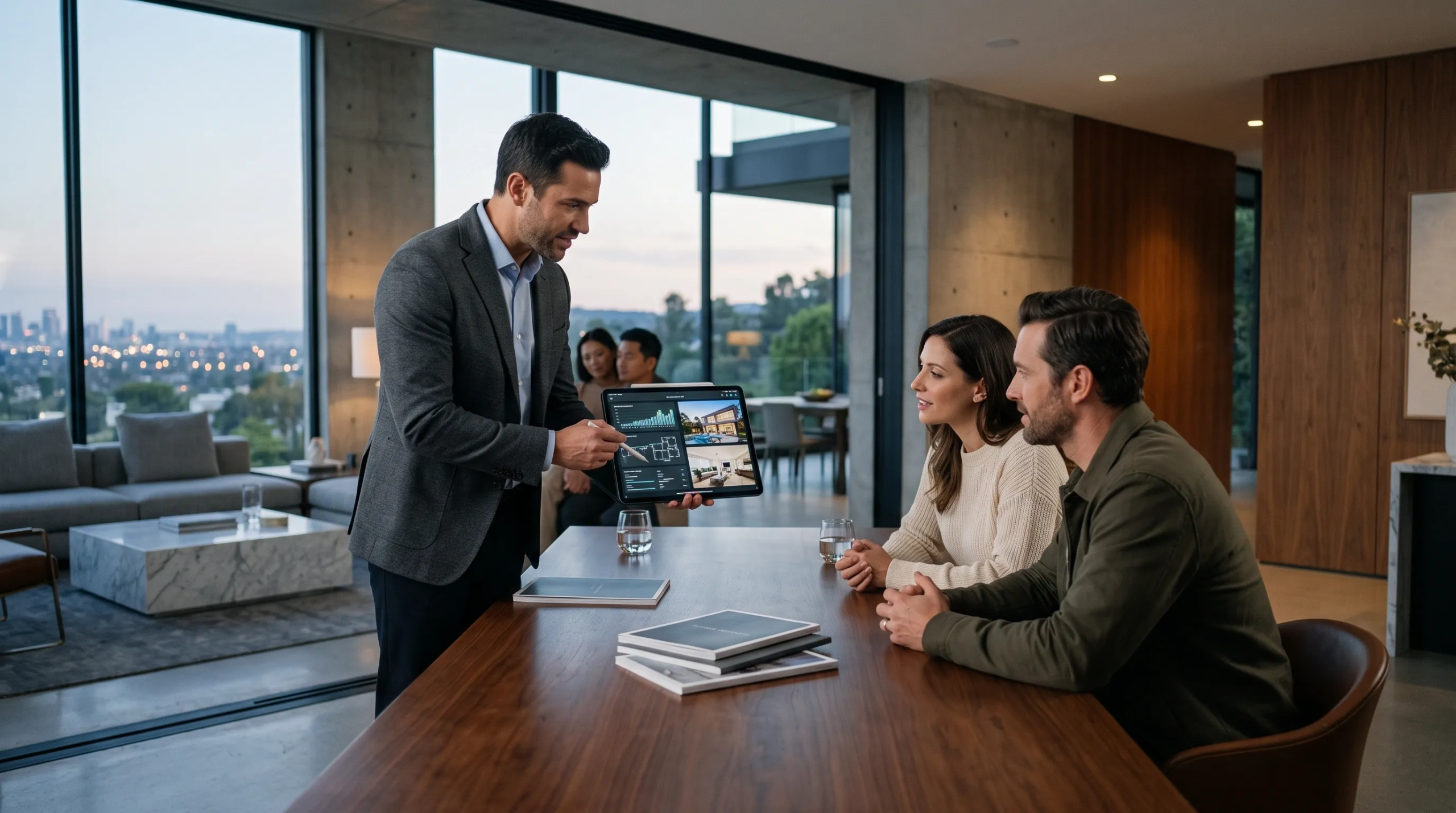 Consultor arquitectónico con blazer oscuro presentando renderizados de portafolio y análisis de rendimiento en una tableta a una pareja sentada en una mesa de madera dentro de una residencia de lujo moderna con vista al paisaje urbano al atardecer, asesoría personalizada de RBA Residences en Zapopan.
