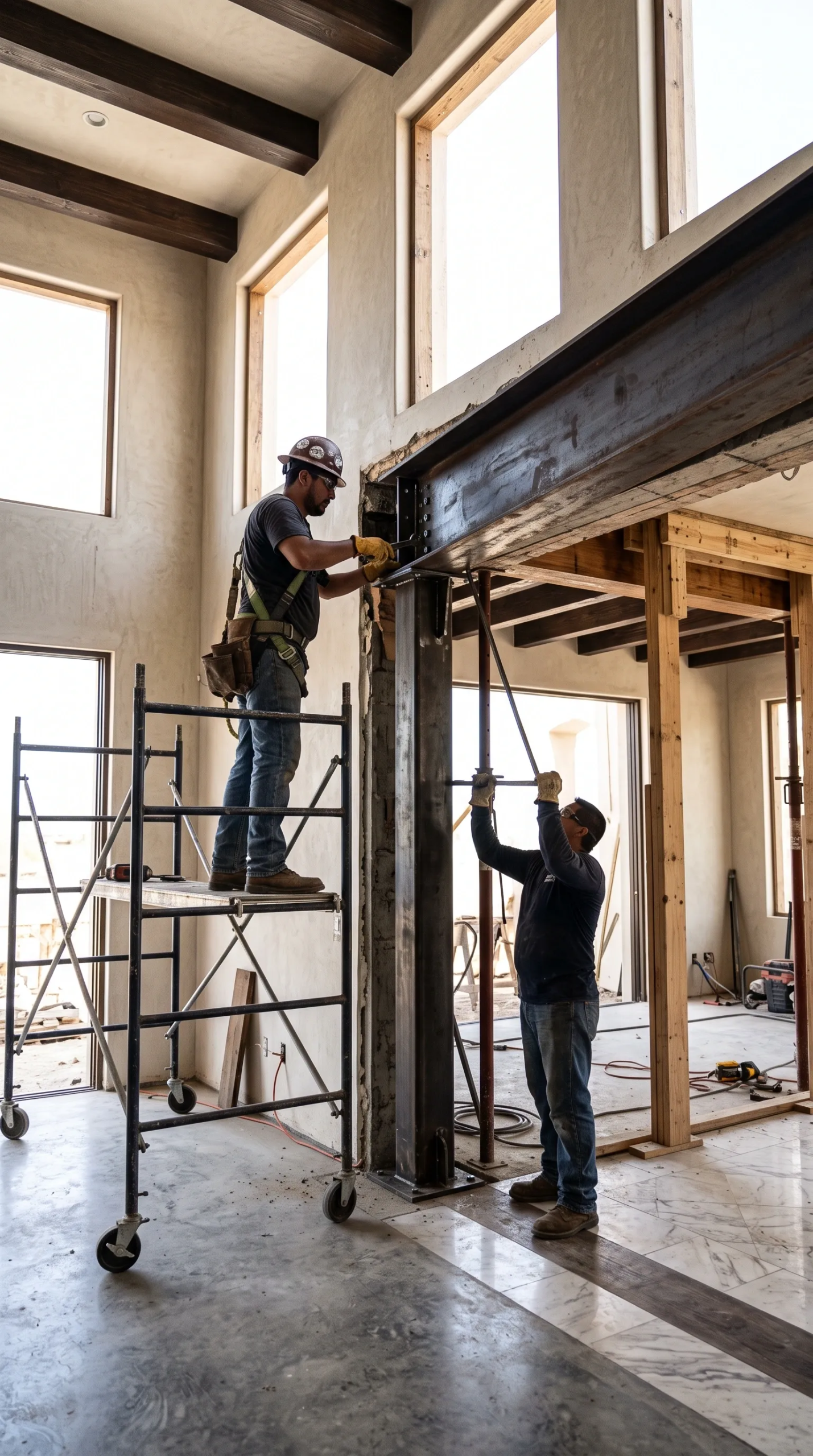 Vista interior de instalación de viga de acero estructural en un espacio residencial de doble altura en construcción, mostrando conexiones de columnas de acero, gatos de apuntalamiento, andamios móviles, vigas de techo expuestas y piso de concreto pulido, ingeniería estructural de RBA Residences en Zapopan.