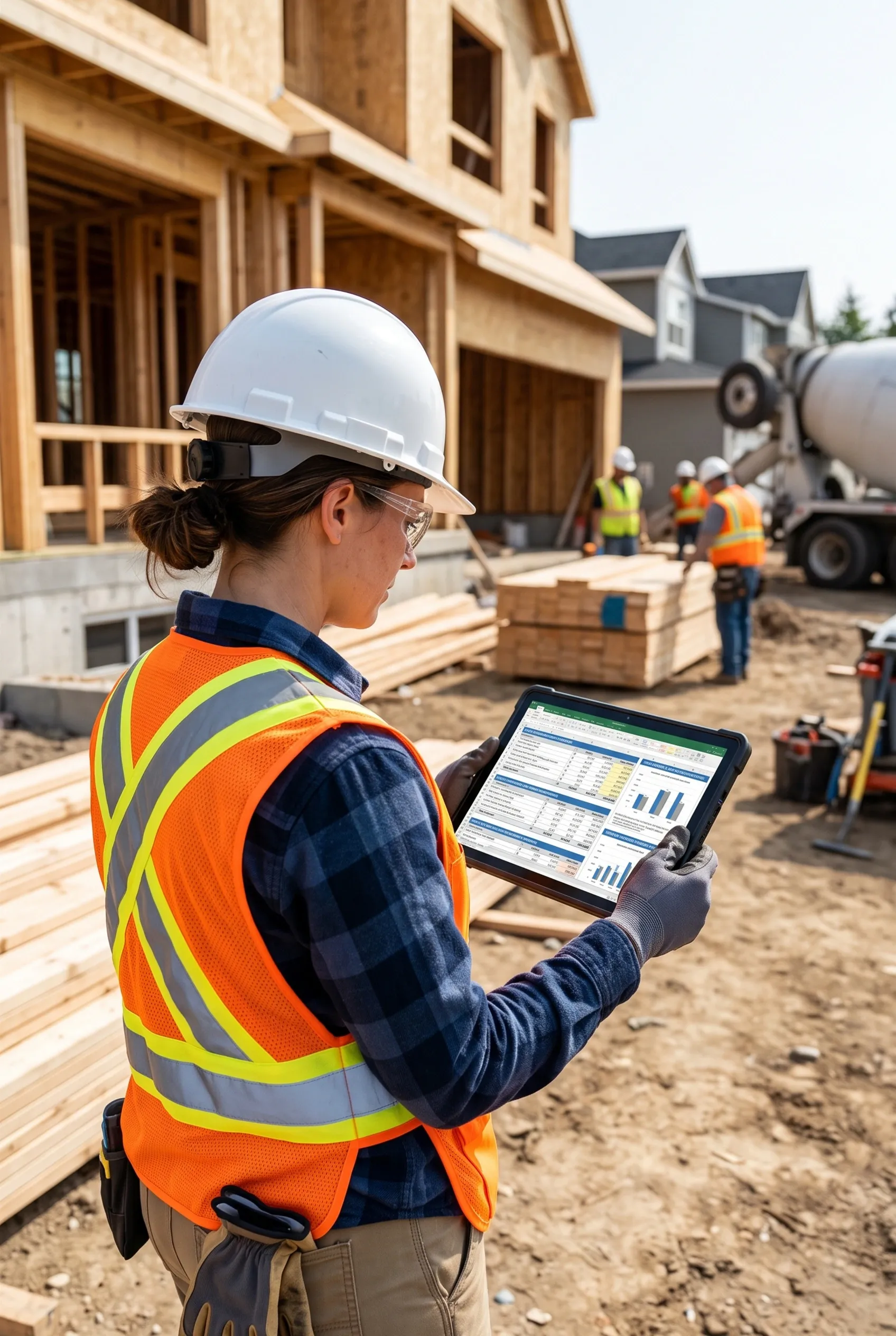 Gerente de obra femenina inspeccionando datos de entramado de madera en una tableta en un sitio de construcción residencial activo, precisión en estructuras de madera de RBA Residences en Zapopan.
