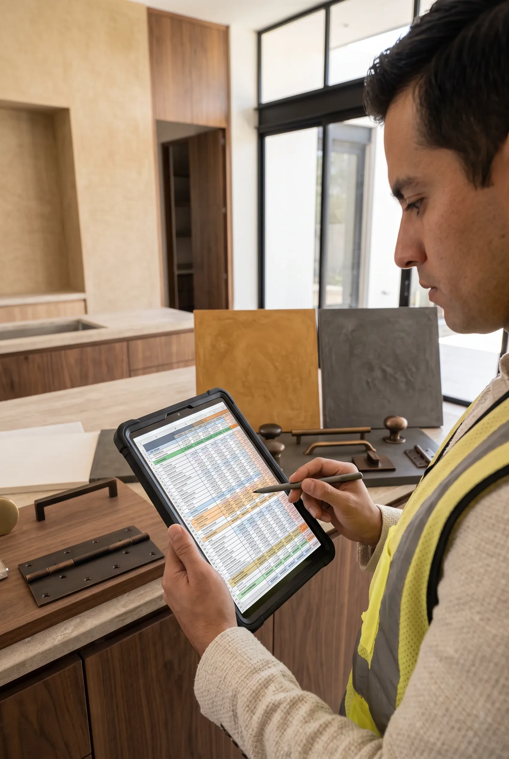 Vista de una auditoría de inventario de accesorios interiores, verificación cruzada de especificaciones de herrajes y seguimiento del cronograma de adquisiciones, representando la gestión logística impecable y el control de calidad de RBA Residences en Zapopan.