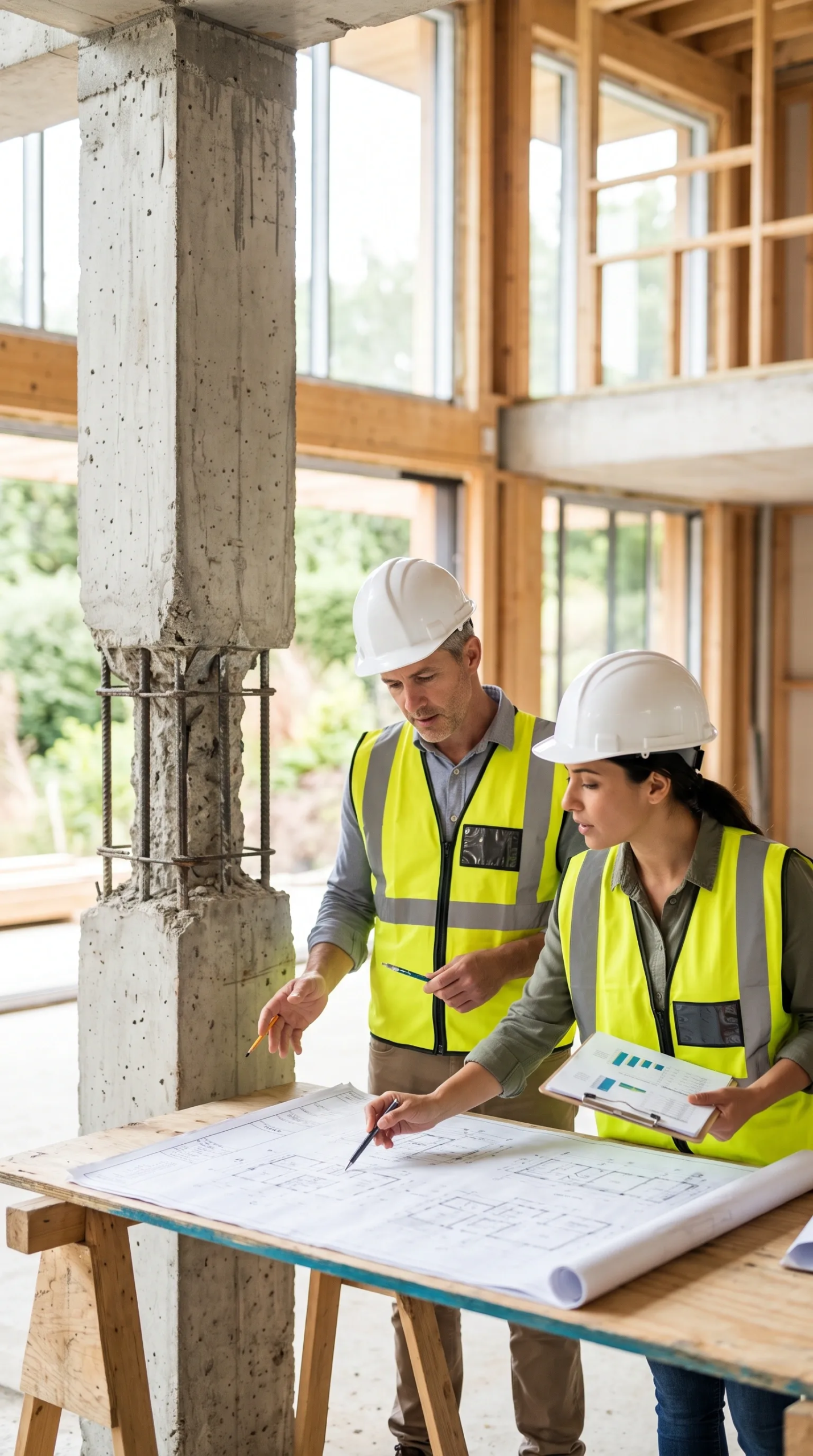 Vista de revisión de planos de construcción sobre una mesa de caballete de madera, con una columna de concreto expuesta con varilla visible, estructura de techo de madera de gran altura y grandes ventanales de vidrio al fondo, sinergia en obra de RBA Residences en Zapopan.