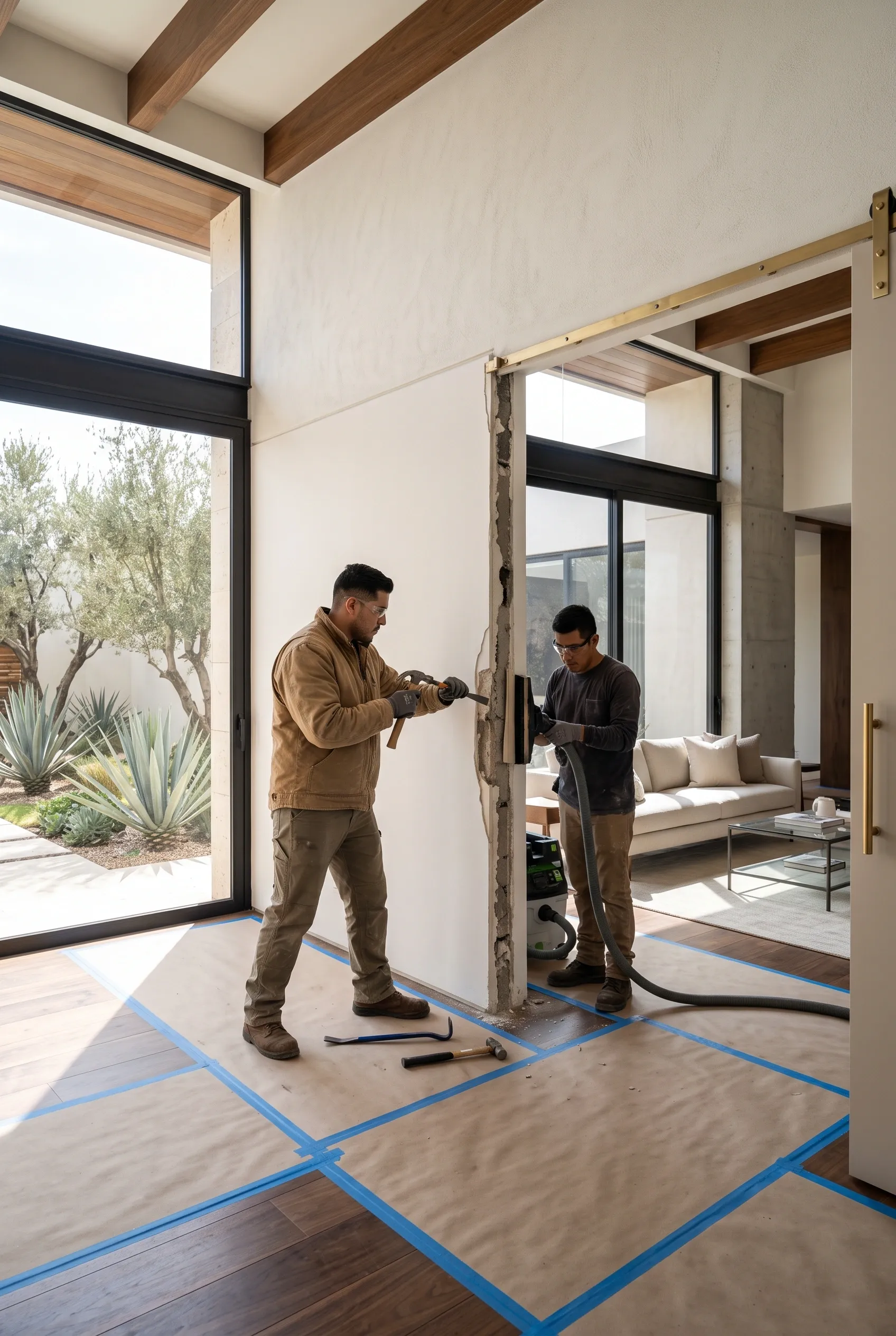 A view of an interior door being installed, showing precision masonry chiseling and dust extraction at a wall opening, with floor protection using tape, exposed ceiling beams, large floor-to-ceiling windows, and a modern living room in the background—a clean construction project by RBA Residences in Zapopan.