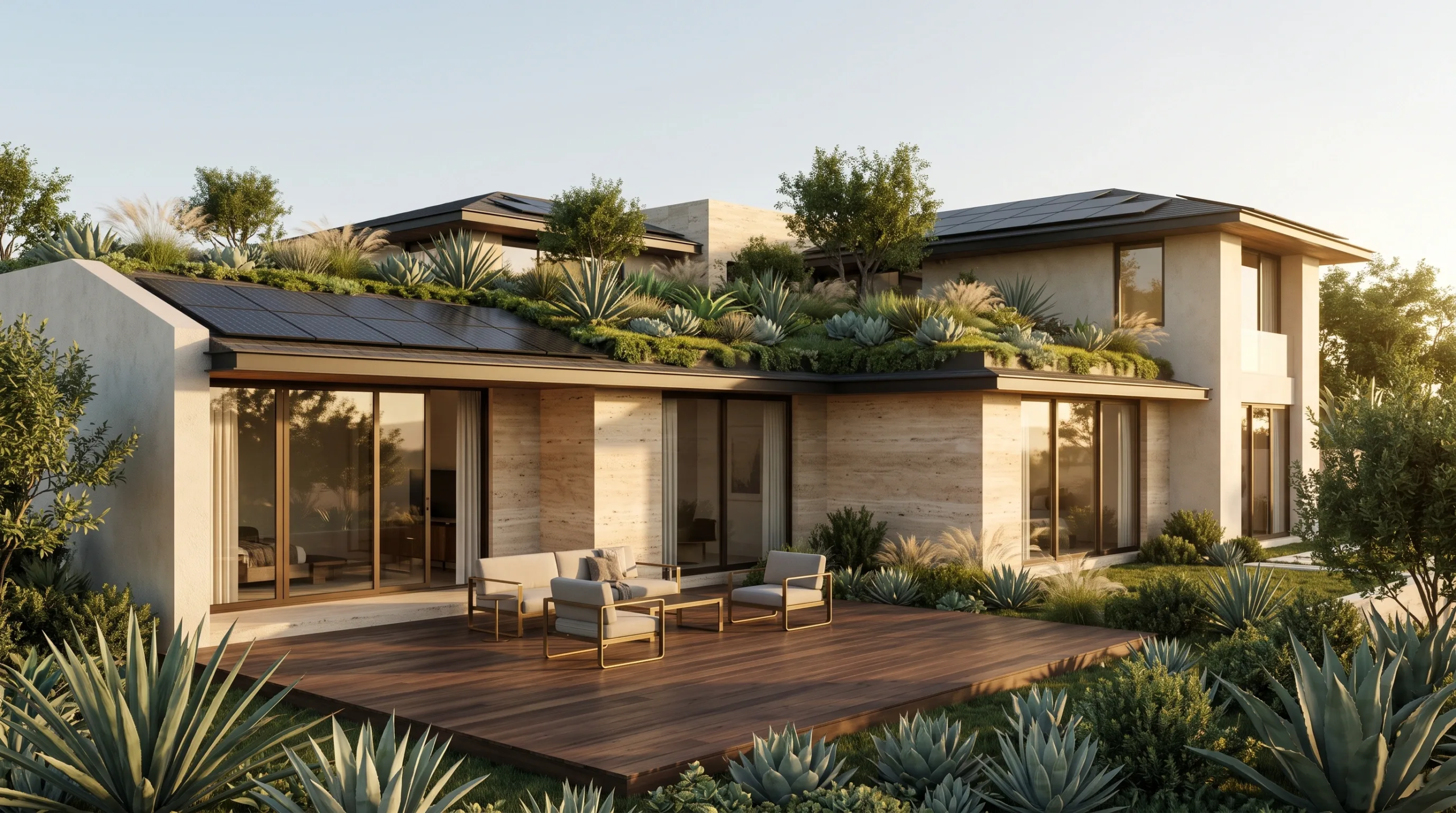 Vista exterior de una eco-residencia moderna con techos verdes integrados con paneles solares, revestimiento de muros de piedra, grandes puertas corredizas de vidrio que abren a una terraza de madera con asientos exteriores, rodeada de paisajismo desértico y agaves, diseño sustentable de RBA Residences en Zapopan.