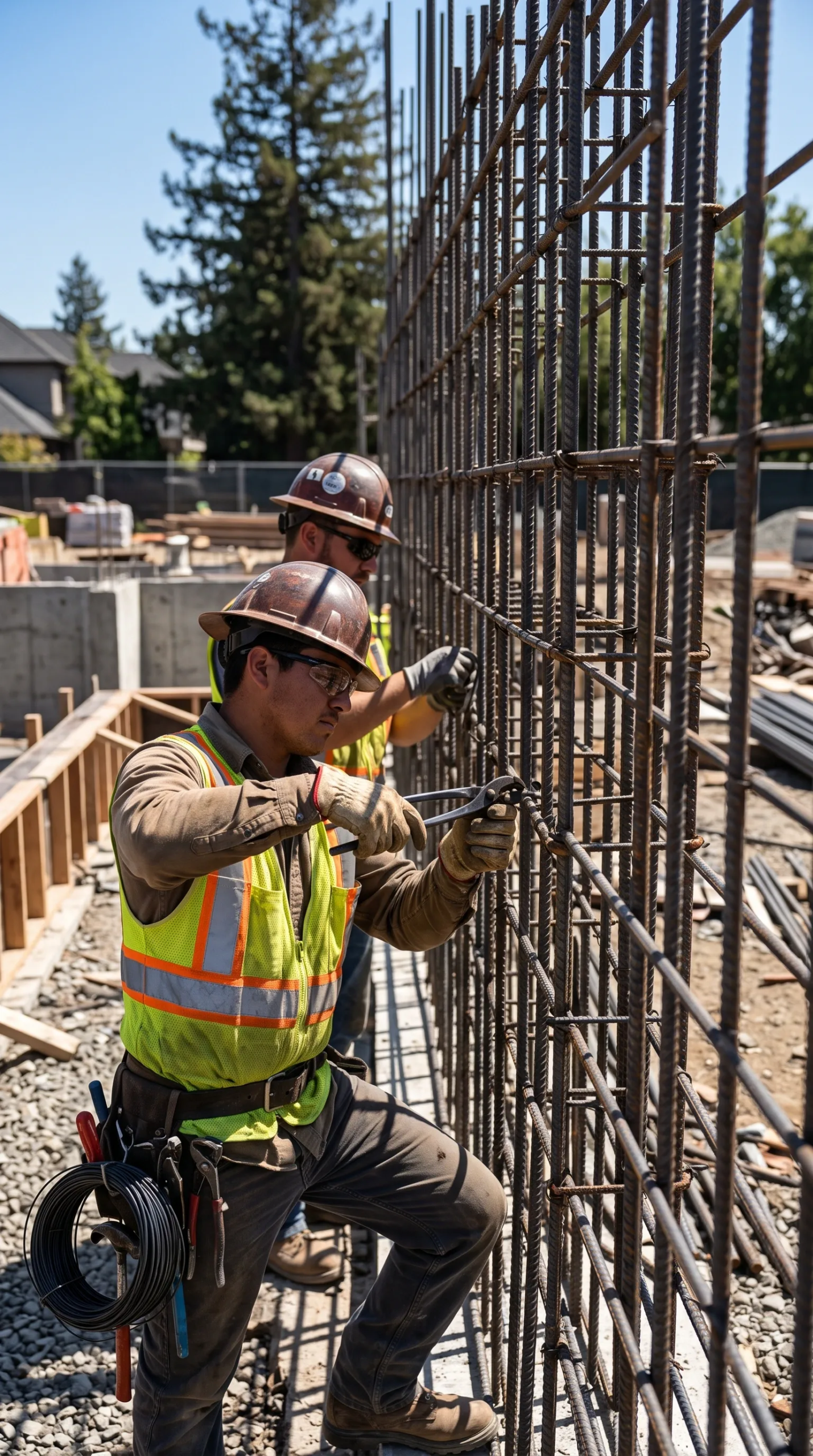 Trabajadores de la construcción asegurando rejillas verticales de refuerzo de acero con alambre de amarre y alicates en un sitio de cimentación de concreto al aire libre, fortaleza estructural de RBA Residences en Zapopan.