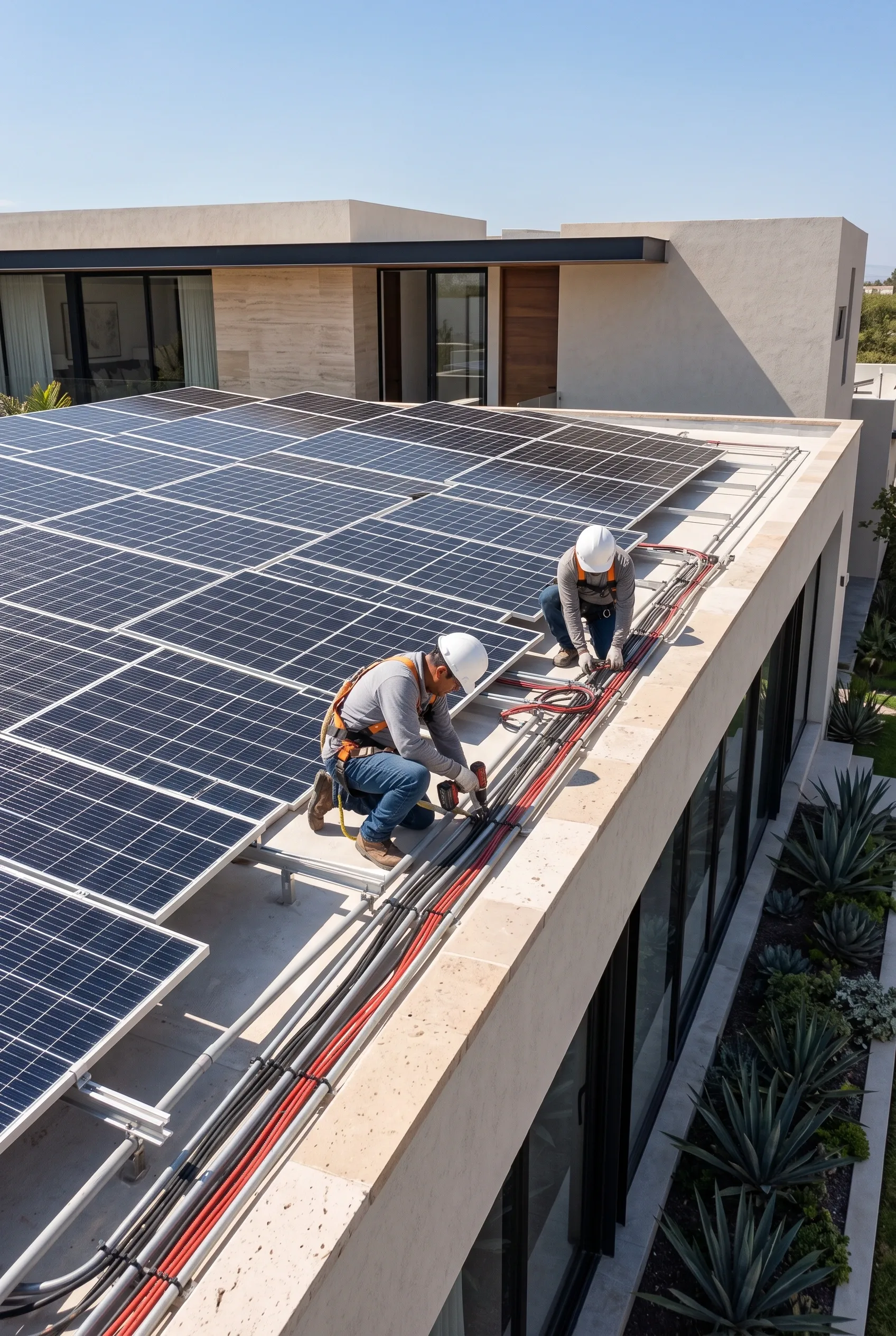Técnicos solares con cascos y arneses de seguridad instalando conductos eléctricos y cableado para un gran arreglo de paneles solares en el techo de una residencia moderna de lujo, infraestructura renovable de RBA Residences en Zapopan.